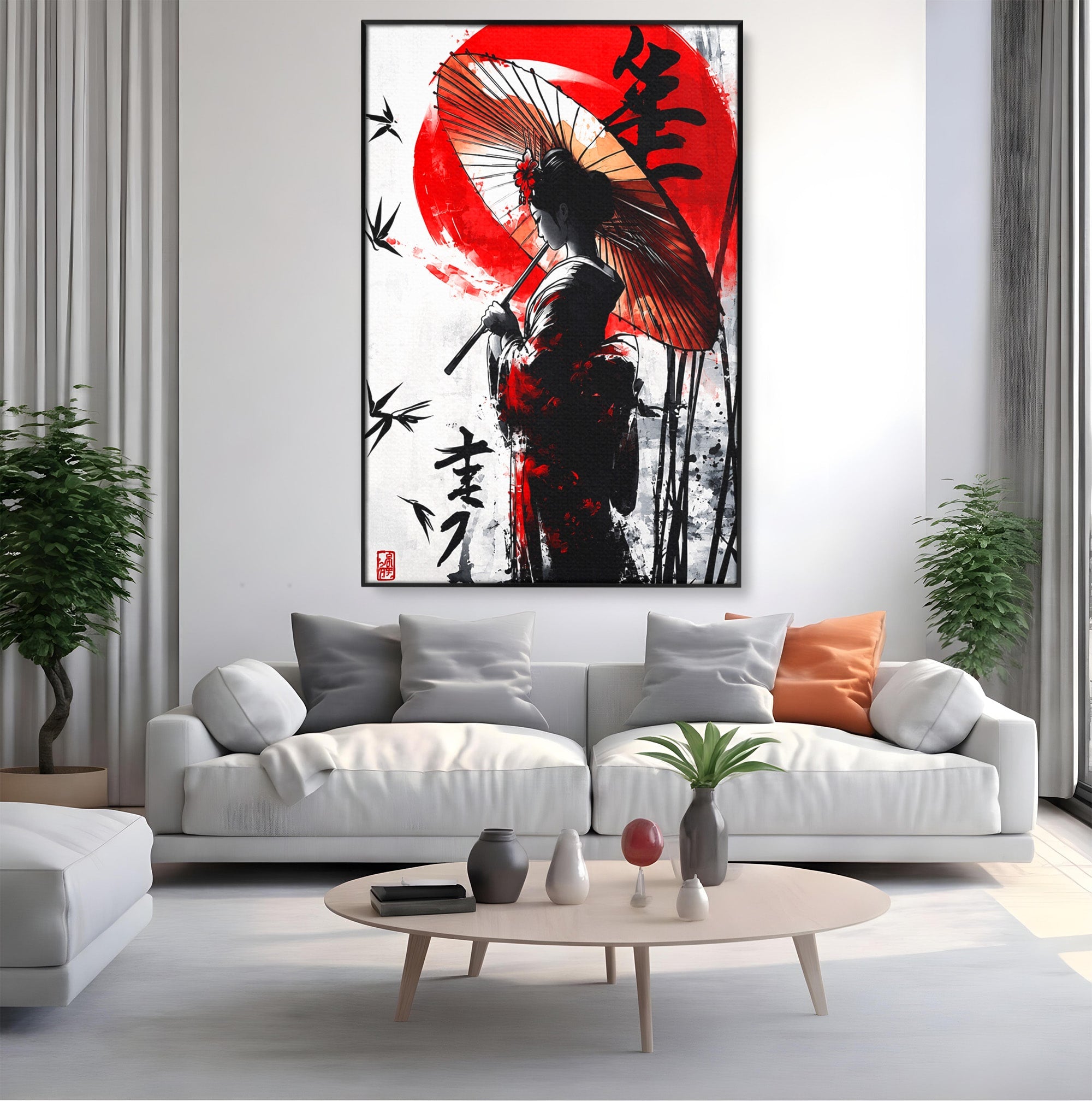 Tablou Canvas Premium LuxCanva® G1293, Geisha Cu Umbrela, Geisha, Umbrela, Arta Japoneza, Eleganta, Dormitor, Culori Vibrante