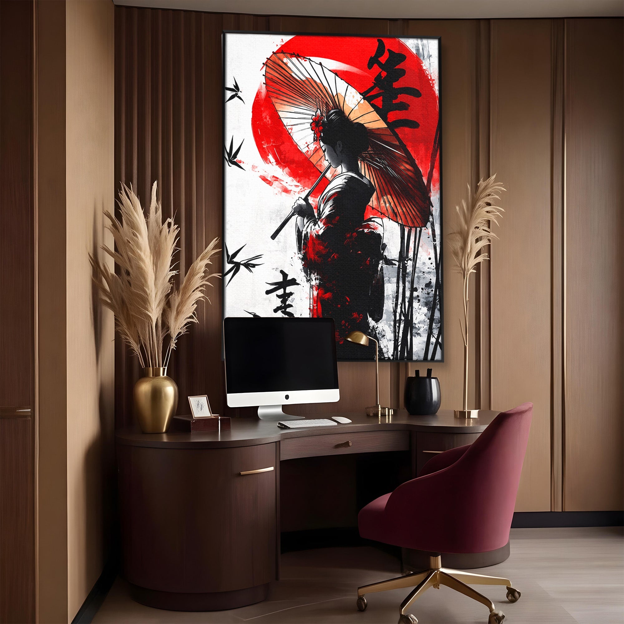 Tablou Canvas Premium LuxCanva® G1293, Geisha Cu Umbrela, Geisha, Umbrela, Arta Japoneza, Eleganta, Dormitor, Culori Vibrante