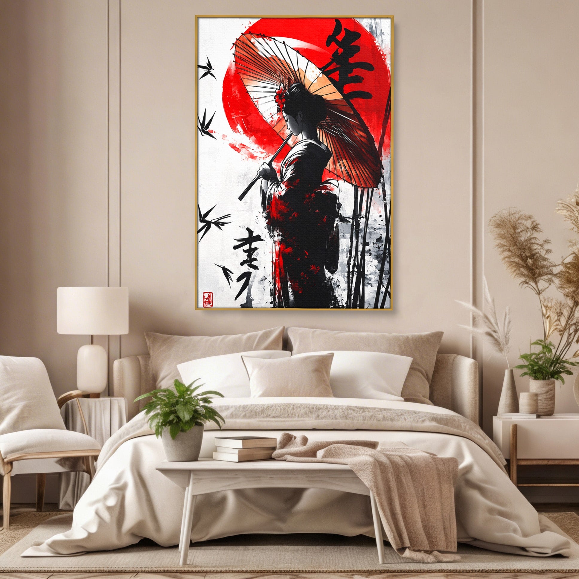 Tablou Canvas Premium LuxCanva® G1293, Geisha Cu Umbrela, Geisha, Umbrela, Arta Japoneza, Eleganta, Dormitor, Culori Vibrante