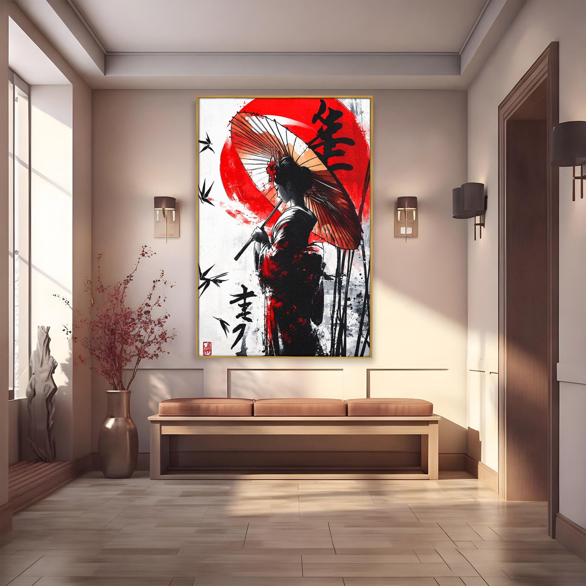 Tablou Canvas Premium LuxCanva® G1293, Geisha Cu Umbrela, Geisha, Umbrela, Arta Japoneza, Eleganta, Dormitor, Culori Vibrante