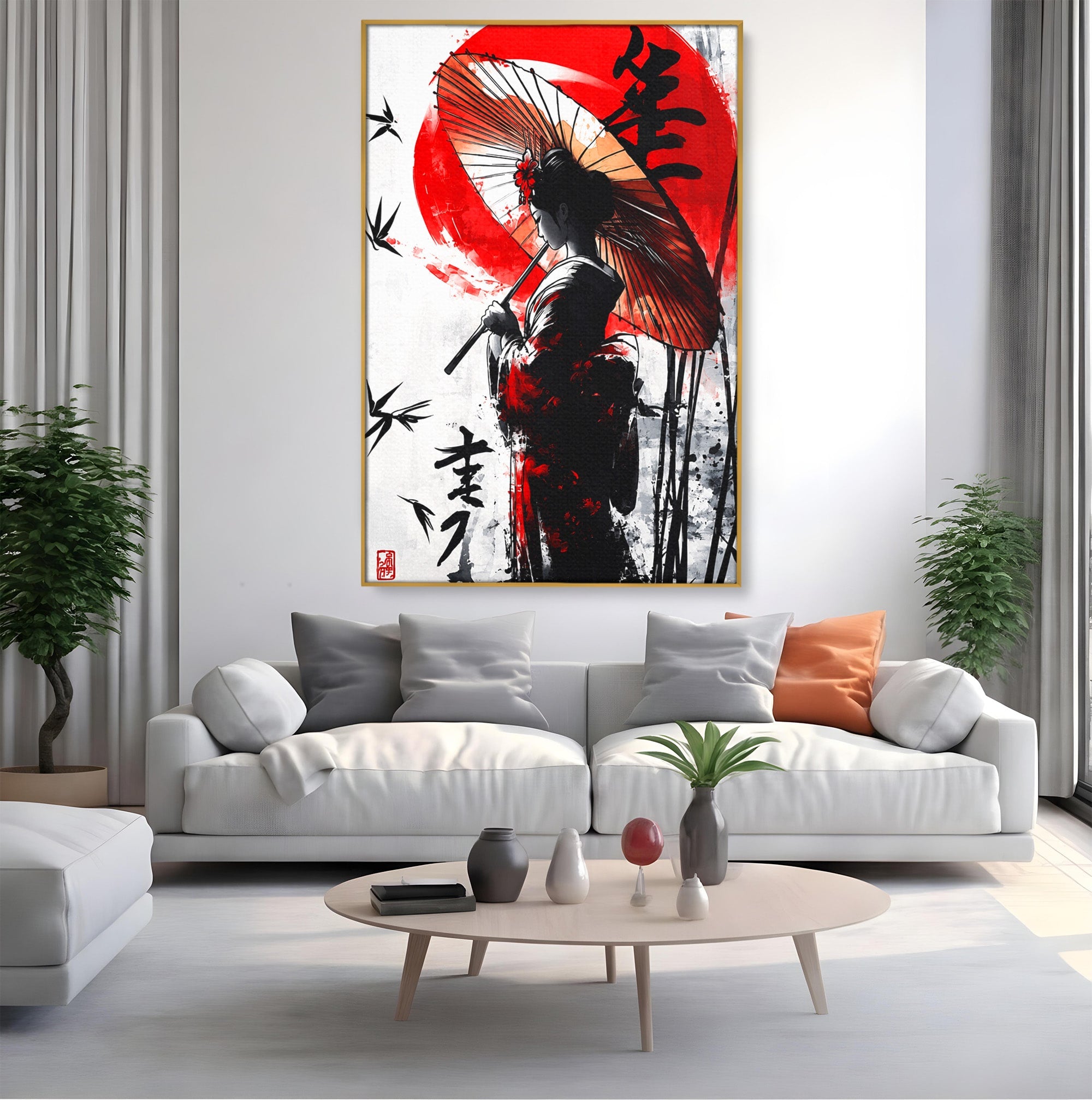Tablou Canvas Premium LuxCanva® G1293, Geisha Cu Umbrela, Geisha, Umbrela, Arta Japoneza, Eleganta, Dormitor, Culori Vibrante