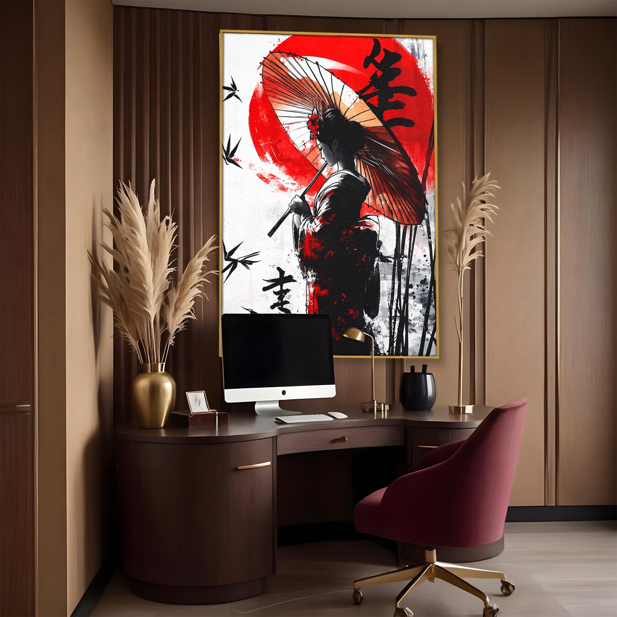 Tablou Canvas Premium LuxCanva® G1293, Geisha Cu Umbrela, Geisha, Umbrela, Arta Japoneza, Eleganta, Dormitor, Culori Vibrante