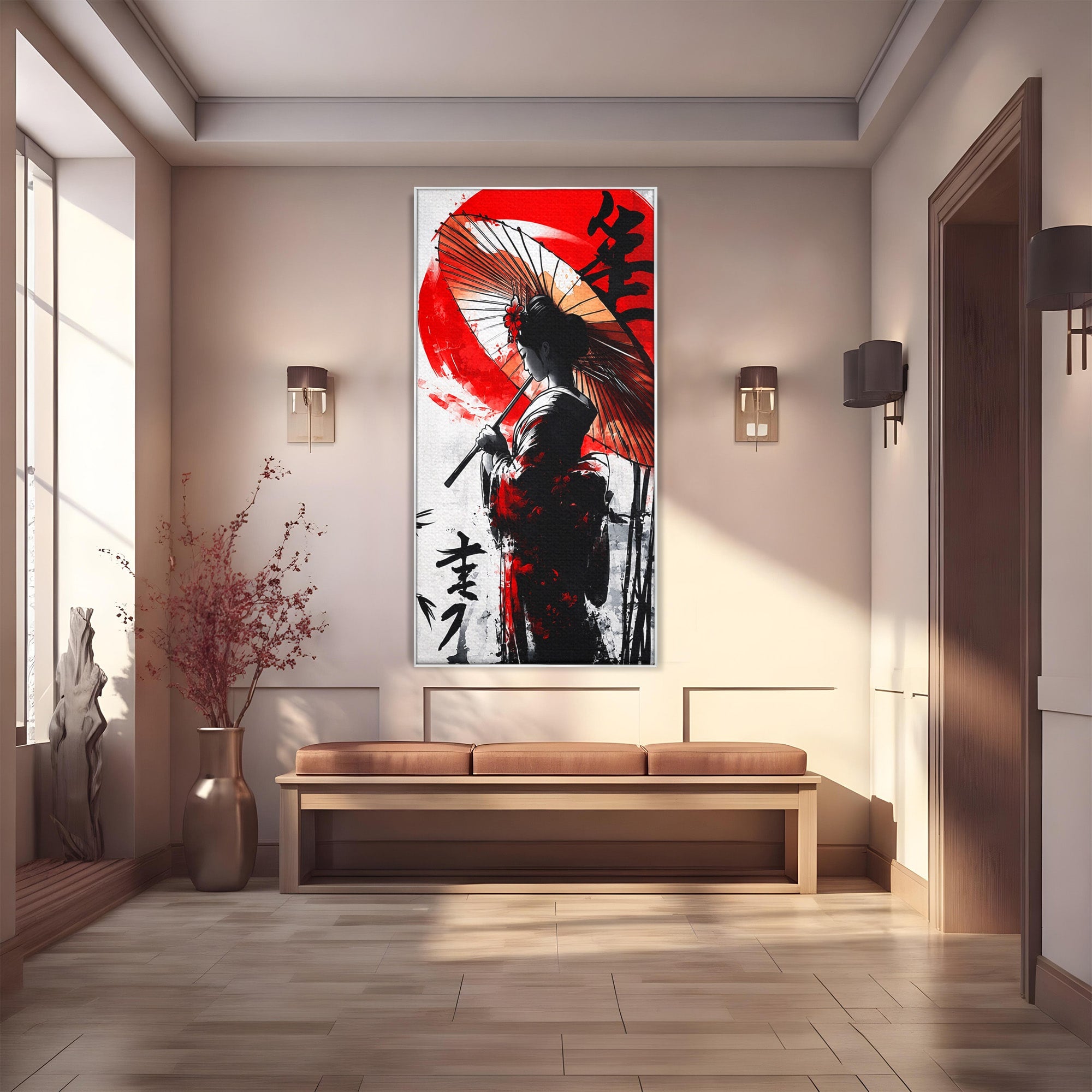 Tablou Canvas Premium LuxCanva® G1293, Geisha Cu Umbrela, Geisha, Umbrela, Arta Japoneza, Eleganta, Dormitor, Culori Vibrante
