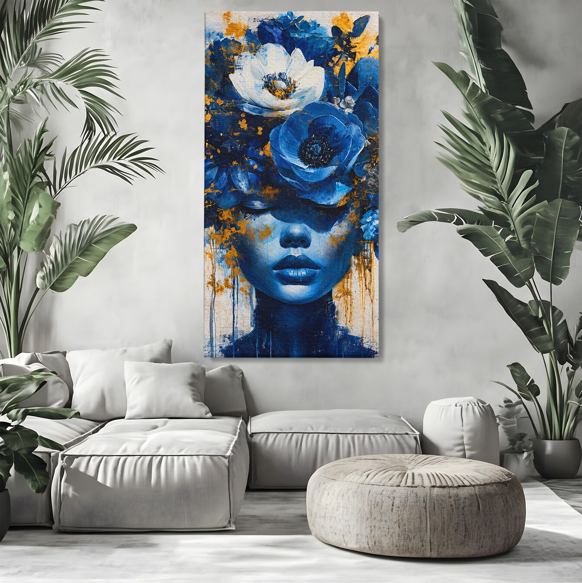Tablou Canvas Premium LuxCanva® G1294, Portret Floral Albastru, Portret, Flori, Arta, Frumusete, Dormitor, Culori Vibrante