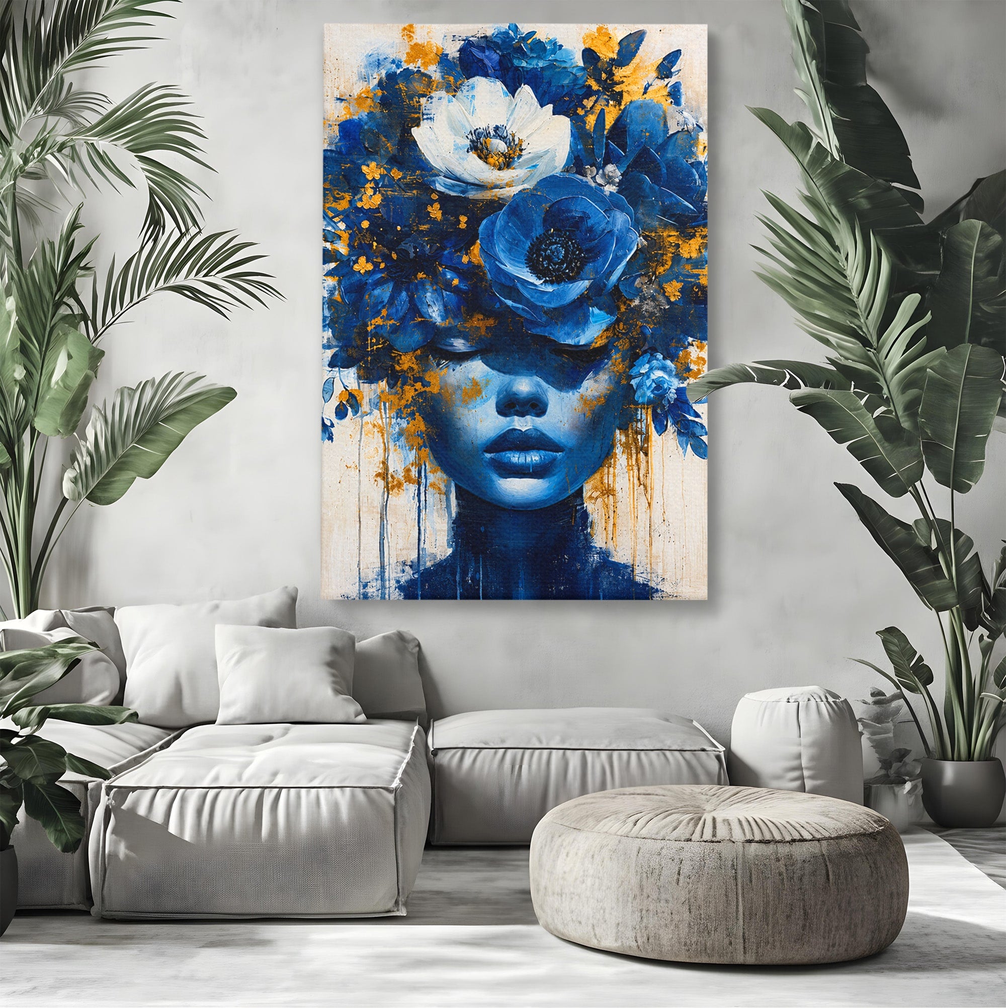 Tablou Canvas Premium LuxCanva® G1294, Portret Floral Albastru, Portret, Flori, Arta, Frumusete, Dormitor, Culori Vibrante