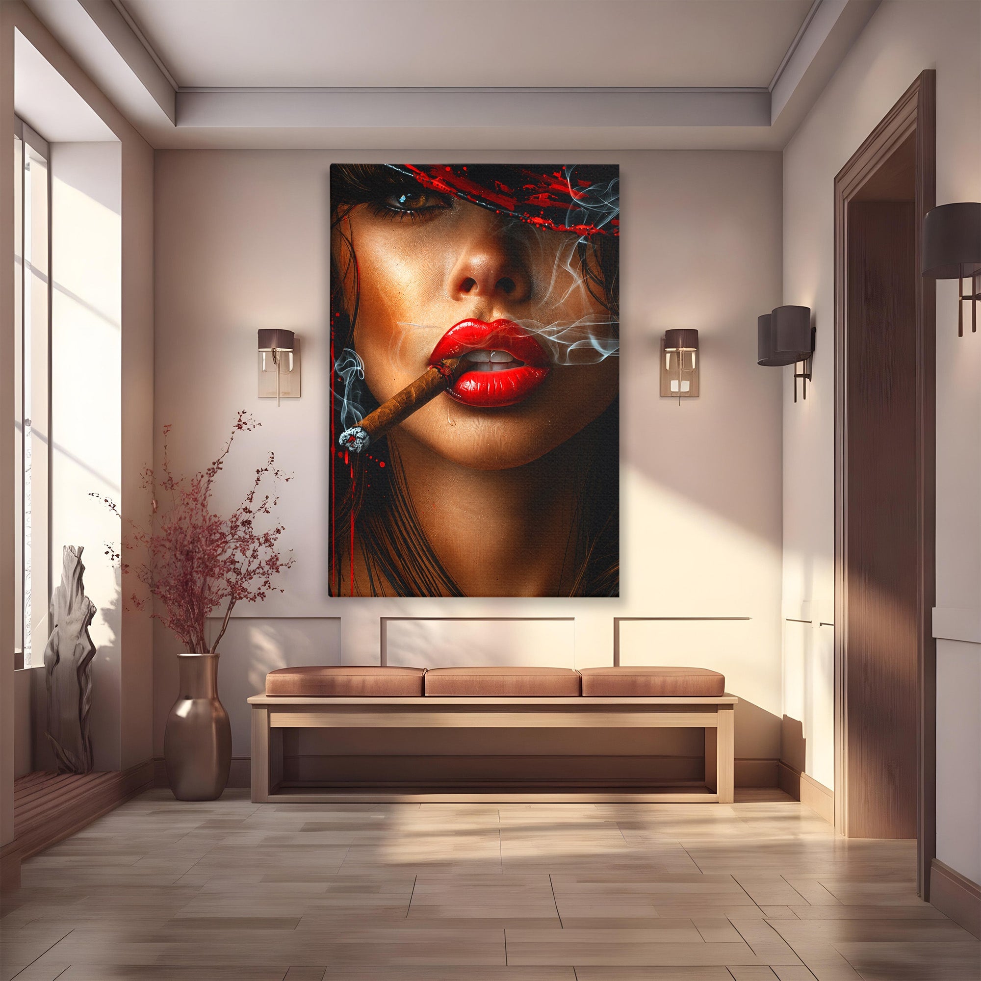 Tablou Canvas Premium LuxCanva® G1295, Femeie Cu Trabuc, Femeie, Trabuc, Portret, Living, Modern, Culori Vibrante
