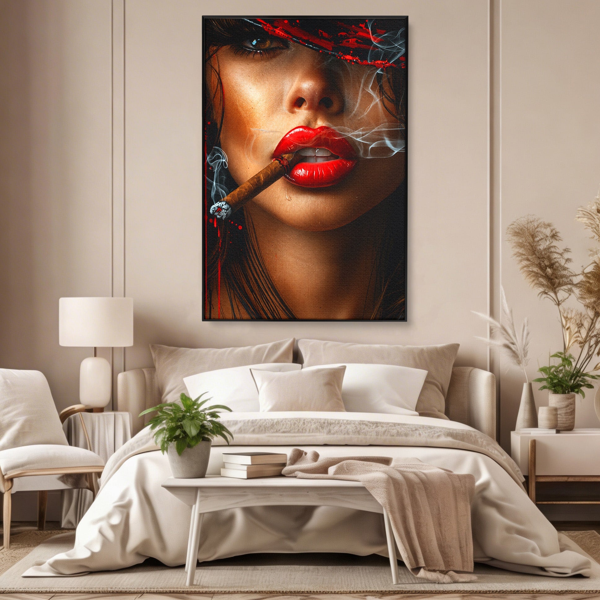 Tablou Canvas Premium LuxCanva® G1295, Femeie Cu Trabuc, Femeie, Trabuc, Portret, Living, Modern, Culori Vibrante