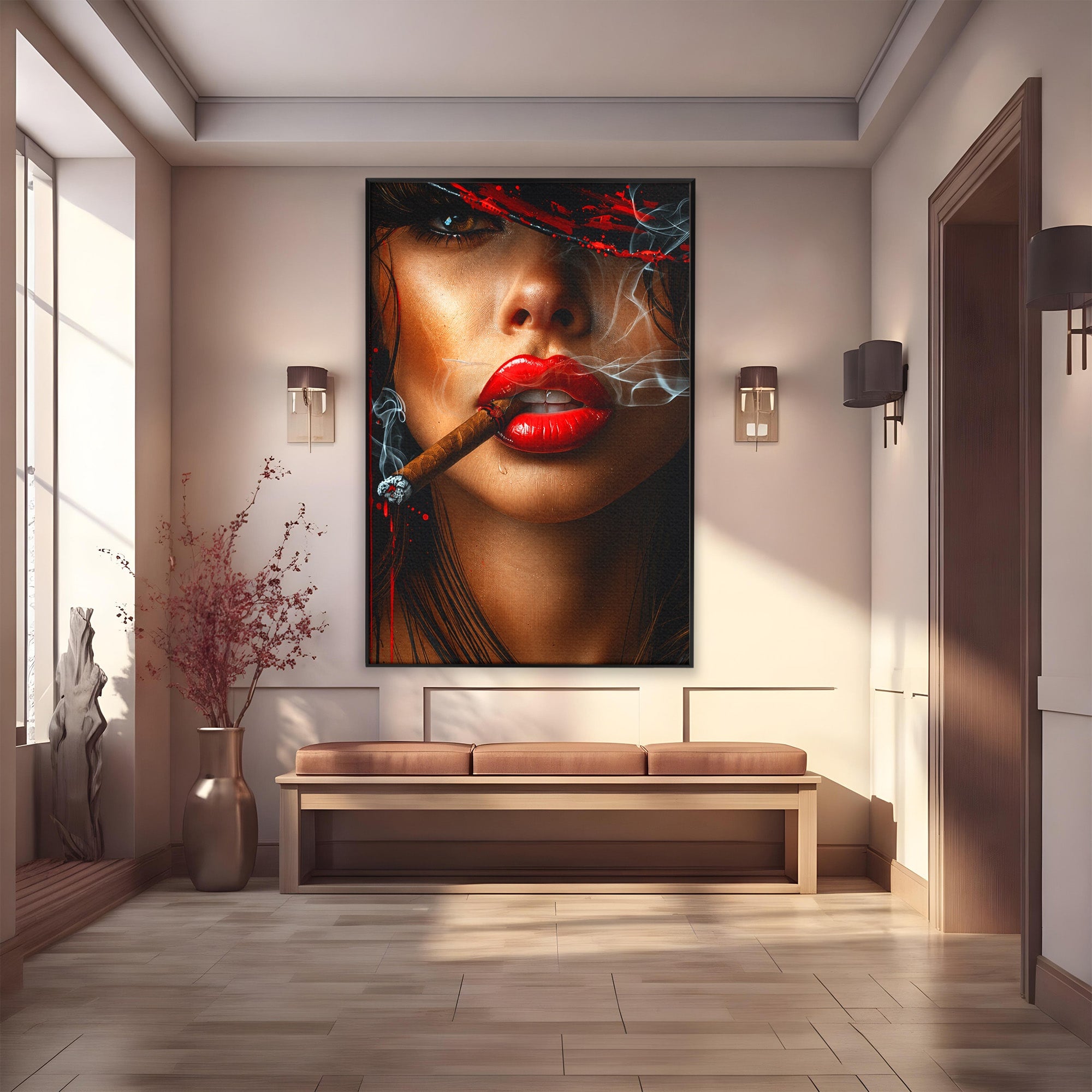 Tablou Canvas Premium LuxCanva® G1295, Femeie Cu Trabuc, Femeie, Trabuc, Portret, Living, Modern, Culori Vibrante