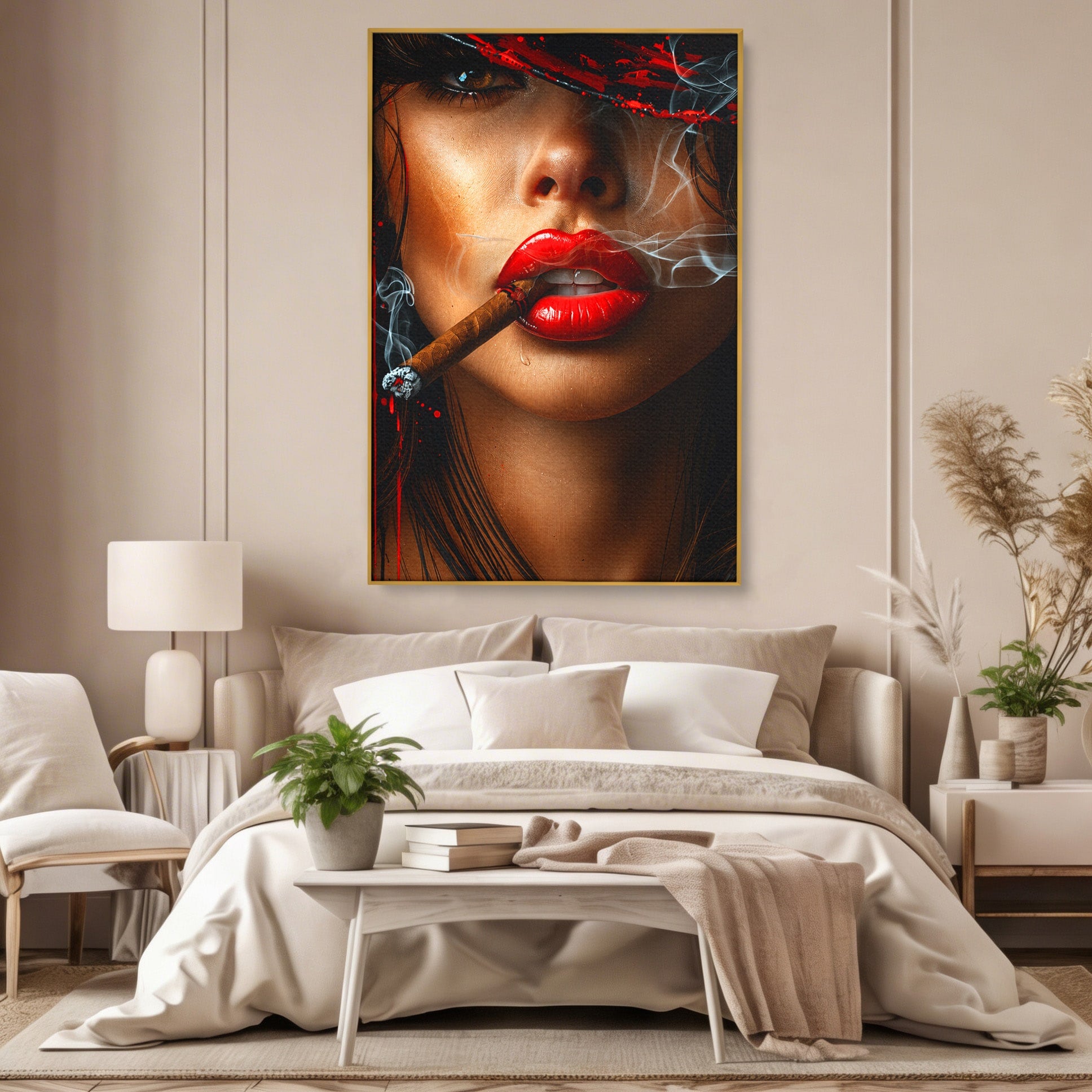 Tablou Canvas Premium LuxCanva® G1295, Femeie Cu Trabuc, Femeie, Trabuc, Portret, Living, Modern, Culori Vibrante
