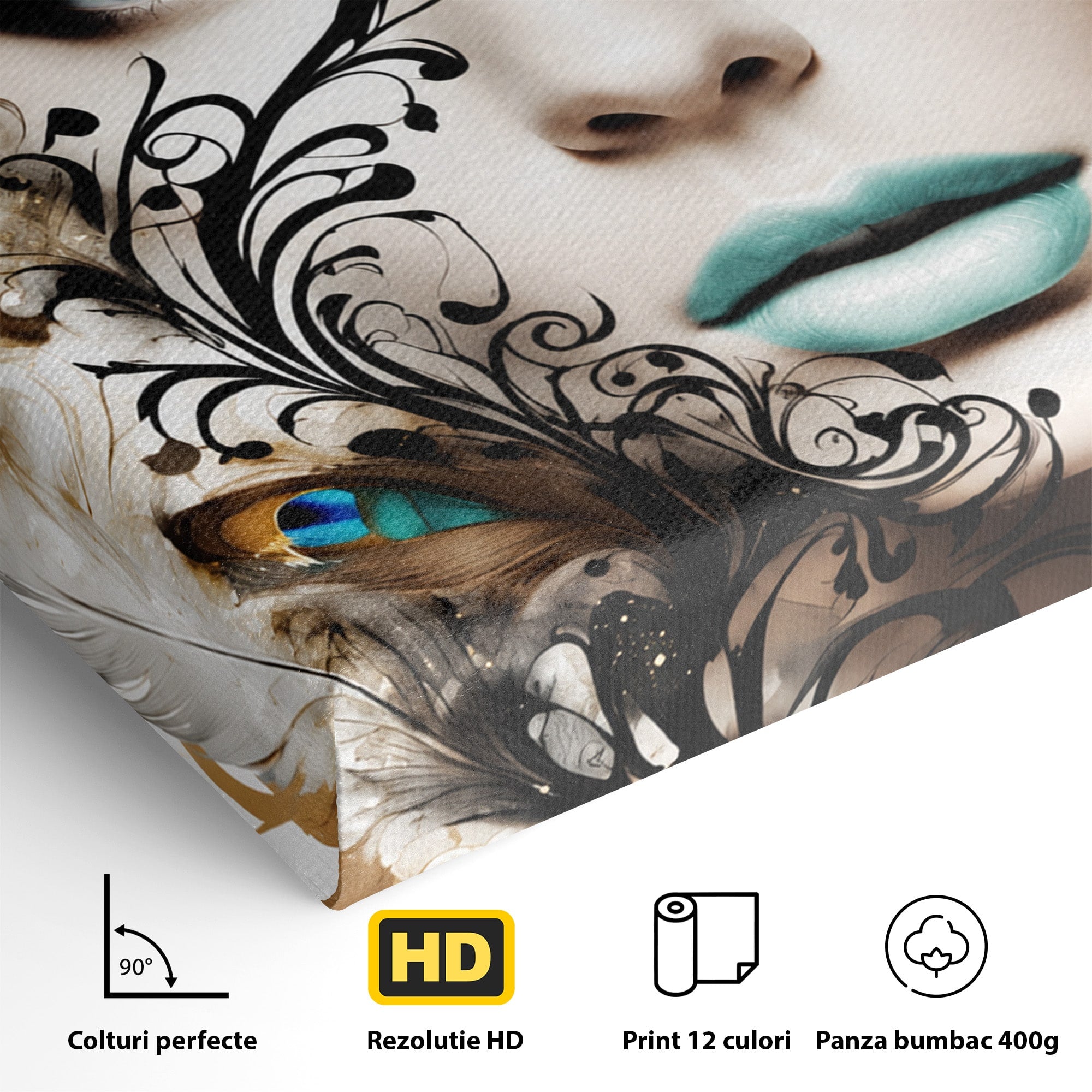 Tablou Canvas Premium LuxCanva® G1297, Femeie Cu Pene, Femeie, Portret, Arta Digitala, Pene, Dormitor, Eleganta, Culori Vibrante