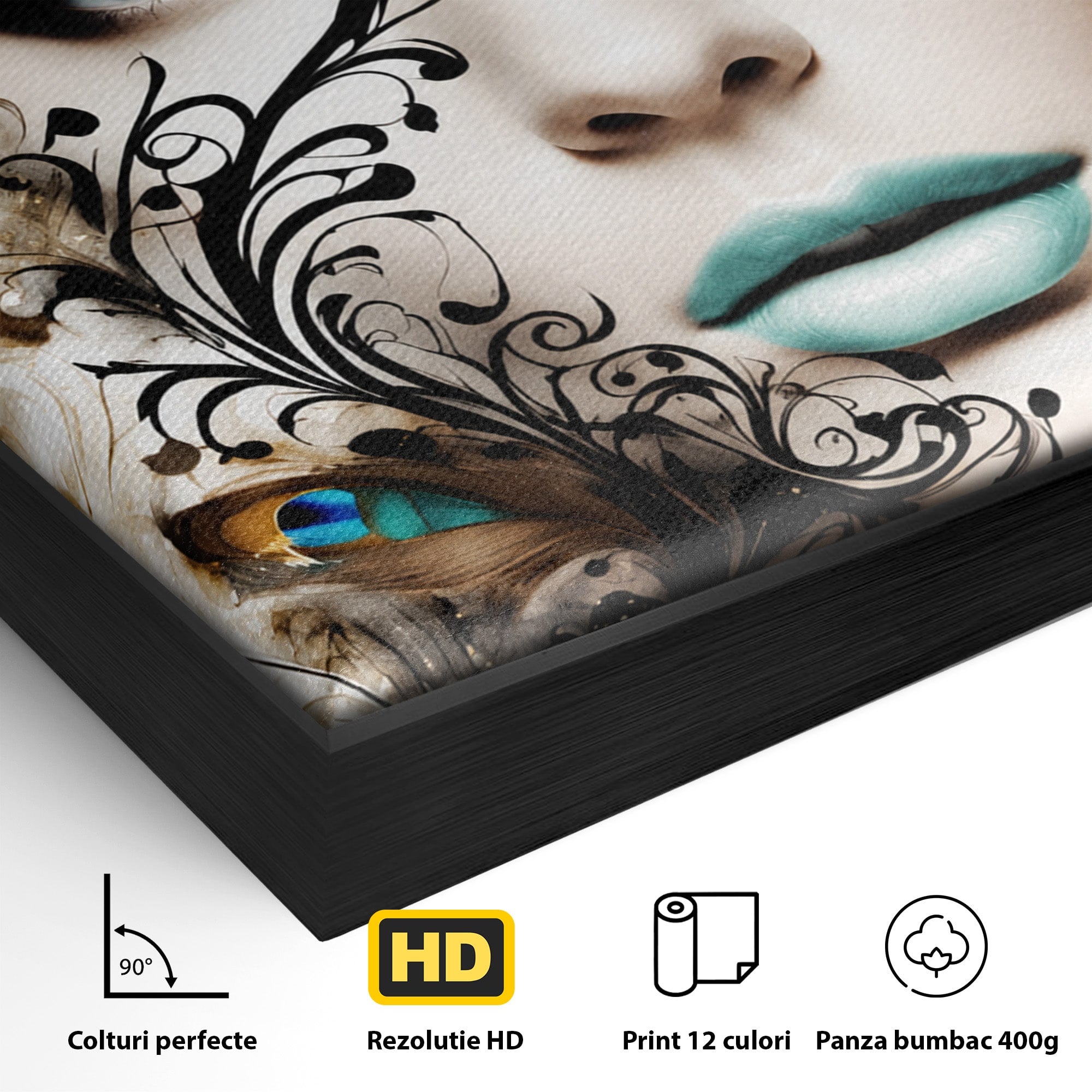 Tablou Canvas Premium LuxCanva® G1297, Femeie Cu Pene, Femeie, Portret, Arta Digitala, Pene, Dormitor, Eleganta, Culori Vibrante
