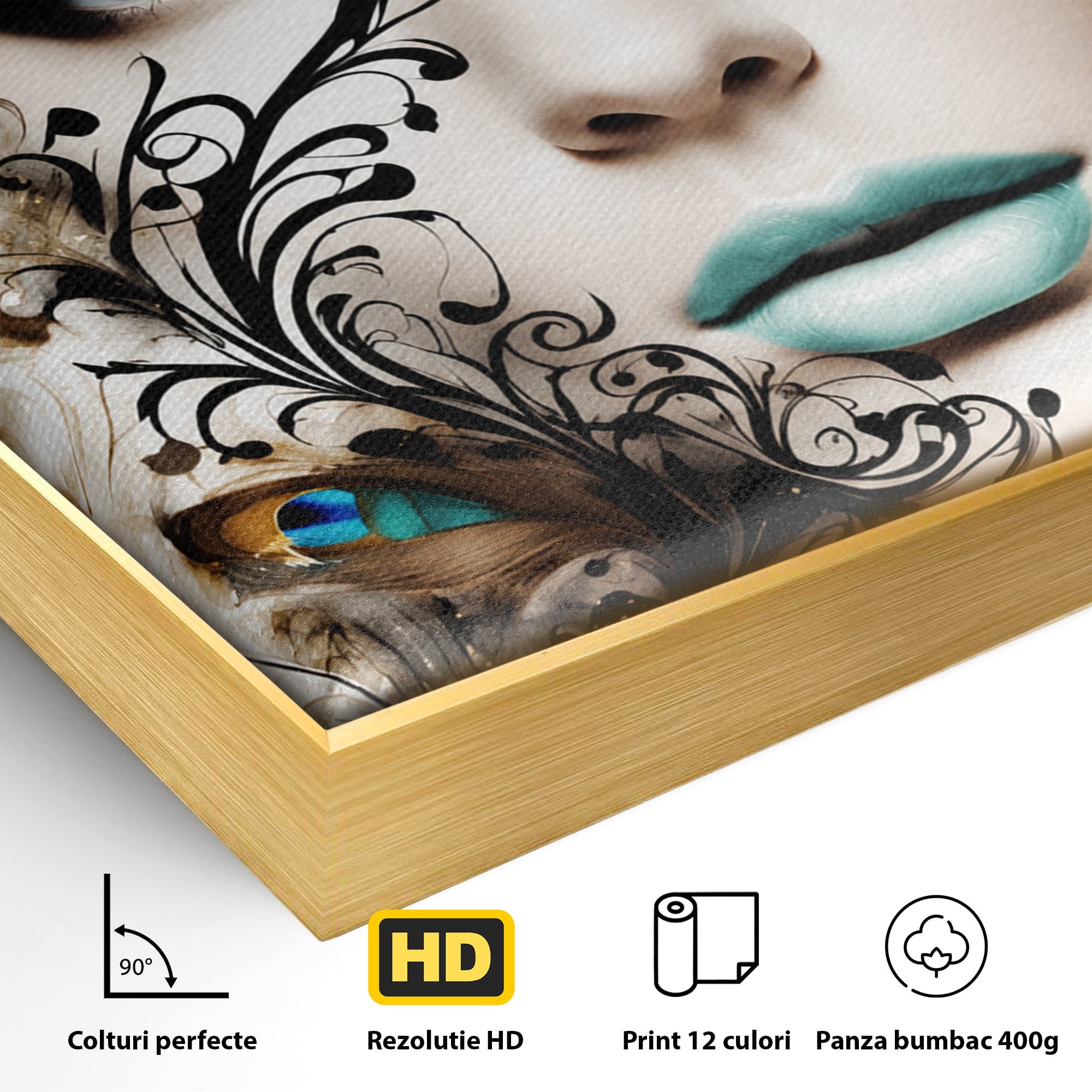 Tablou Canvas Premium LuxCanva® G1297, Femeie Cu Pene, Femeie, Portret, Arta Digitala, Pene, Dormitor, Eleganta, Culori Vibrante