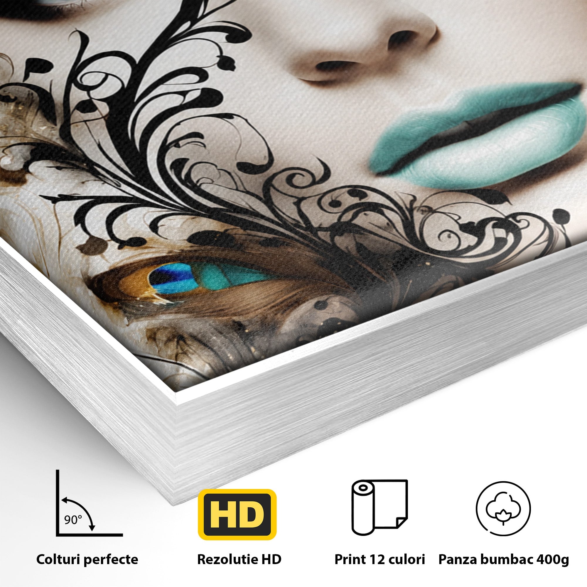 Tablou Canvas Premium LuxCanva® G1297, Femeie Cu Pene, Femeie, Portret, Arta Digitala, Pene, Dormitor, Eleganta, Culori Vibrante
