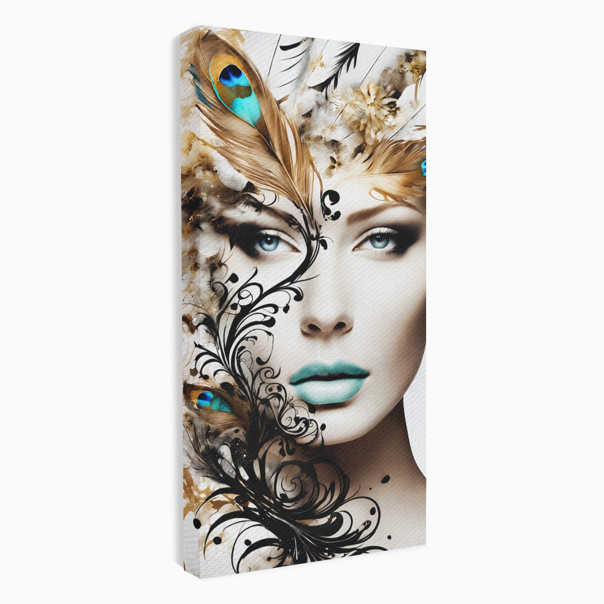 Tablou Canvas Premium LuxCanva® G1297, Femeie Cu Pene, Femeie, Portret, Arta Digitala, Pene, Dormitor, Eleganta, Culori Vibrante
