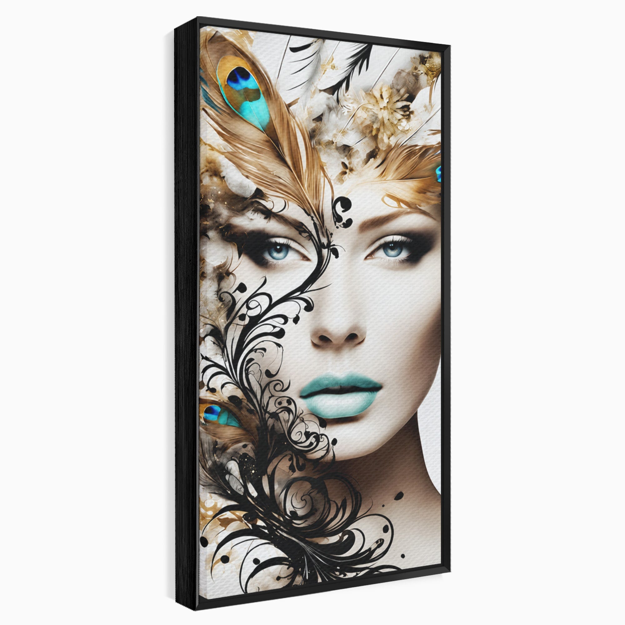 Tablou Canvas Premium LuxCanva® G1297, Femeie Cu Pene, Femeie, Portret, Arta Digitala, Pene, Dormitor, Eleganta, Culori Vibrante