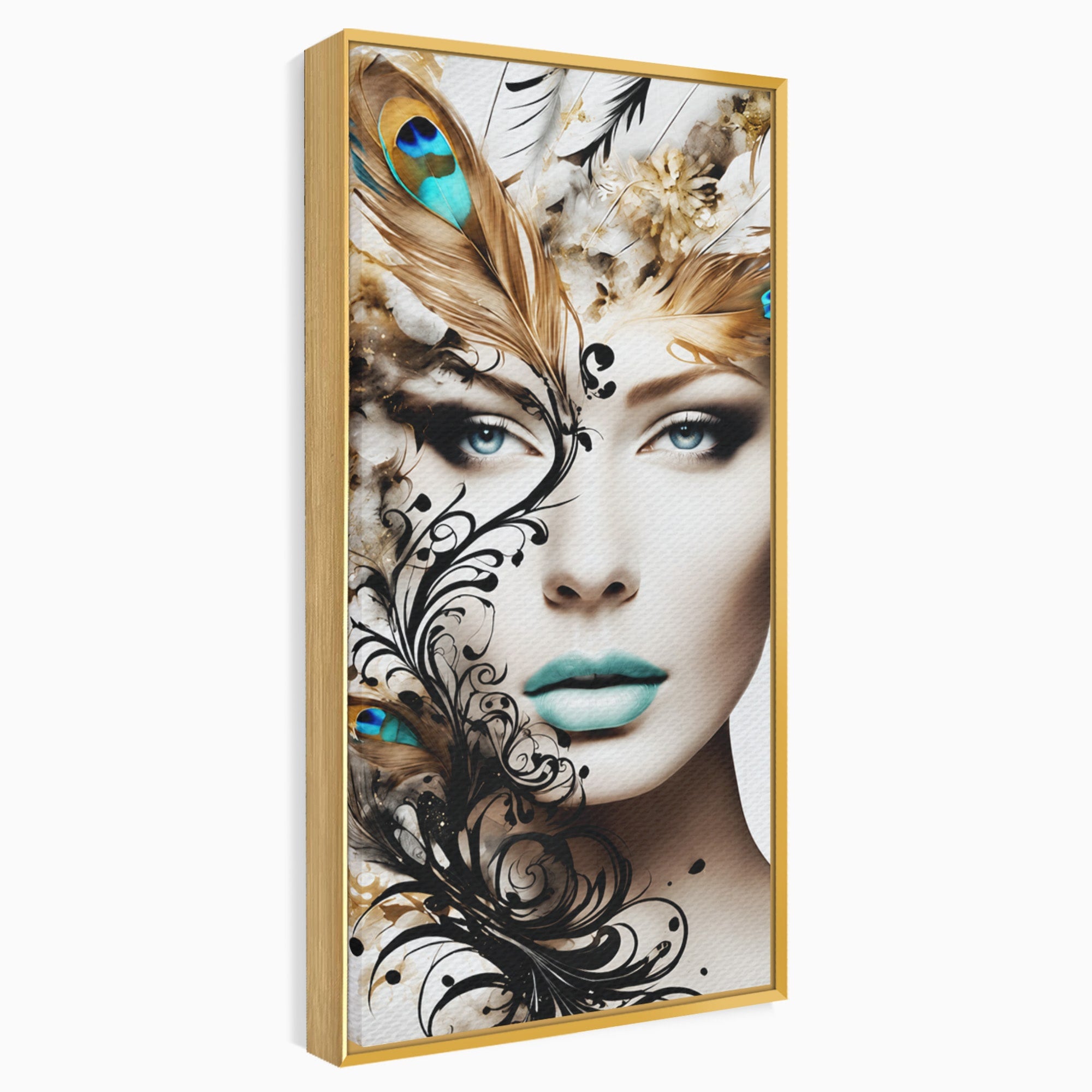Tablou Canvas Premium LuxCanva® G1297, Femeie Cu Pene, Femeie, Portret, Arta Digitala, Pene, Dormitor, Eleganta, Culori Vibrante