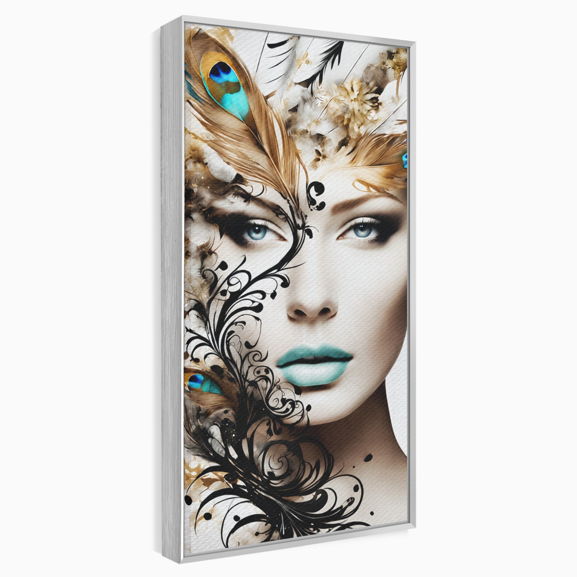 Tablou Canvas Premium LuxCanva® G1297, Femeie Cu Pene, Femeie, Portret, Arta Digitala, Pene, Dormitor, Eleganta, Culori Vibrante