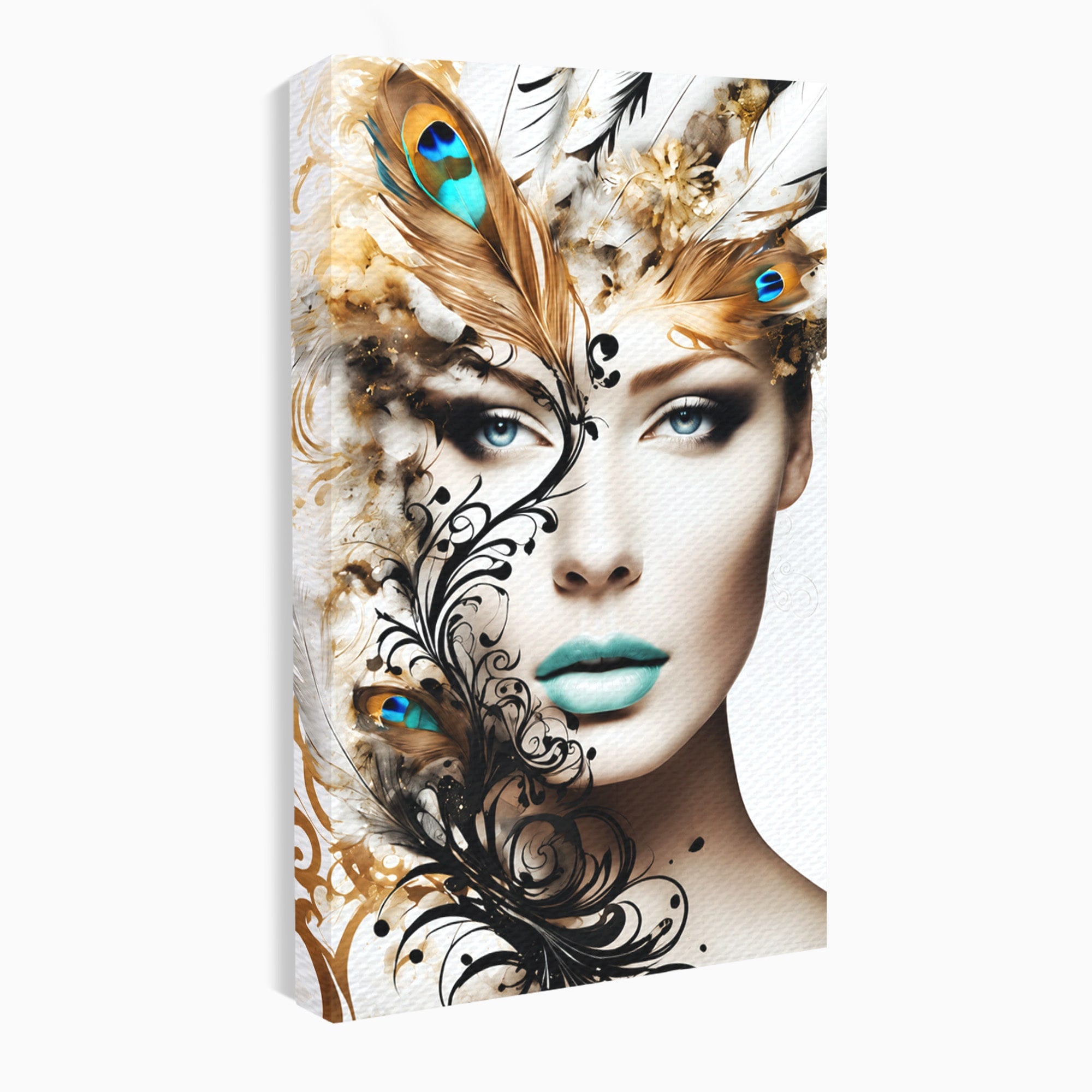 Tablou Canvas Premium LuxCanva® G1297, Femeie Cu Pene, Femeie, Portret, Arta Digitala, Pene, Dormitor, Eleganta, Culori Vibrante