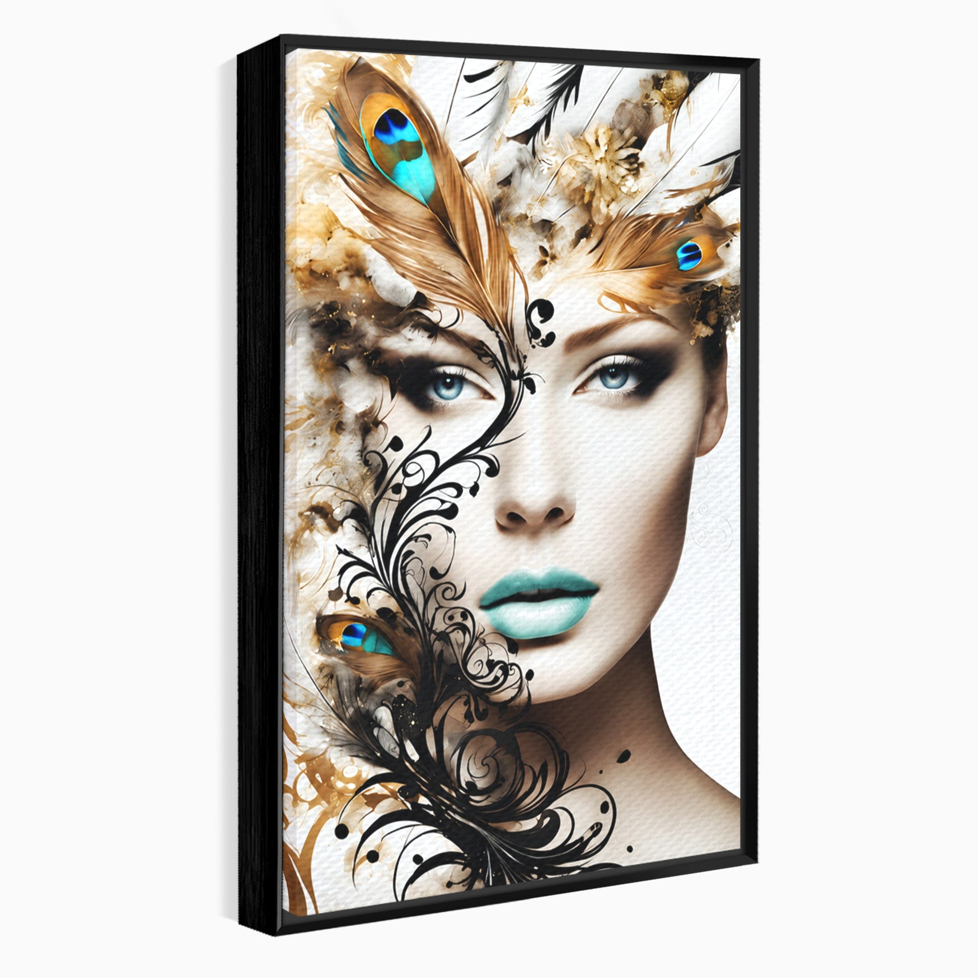 Tablou Canvas Premium LuxCanva® G1297, Femeie Cu Pene, Femeie, Portret, Arta Digitala, Pene, Dormitor, Eleganta, Culori Vibrante