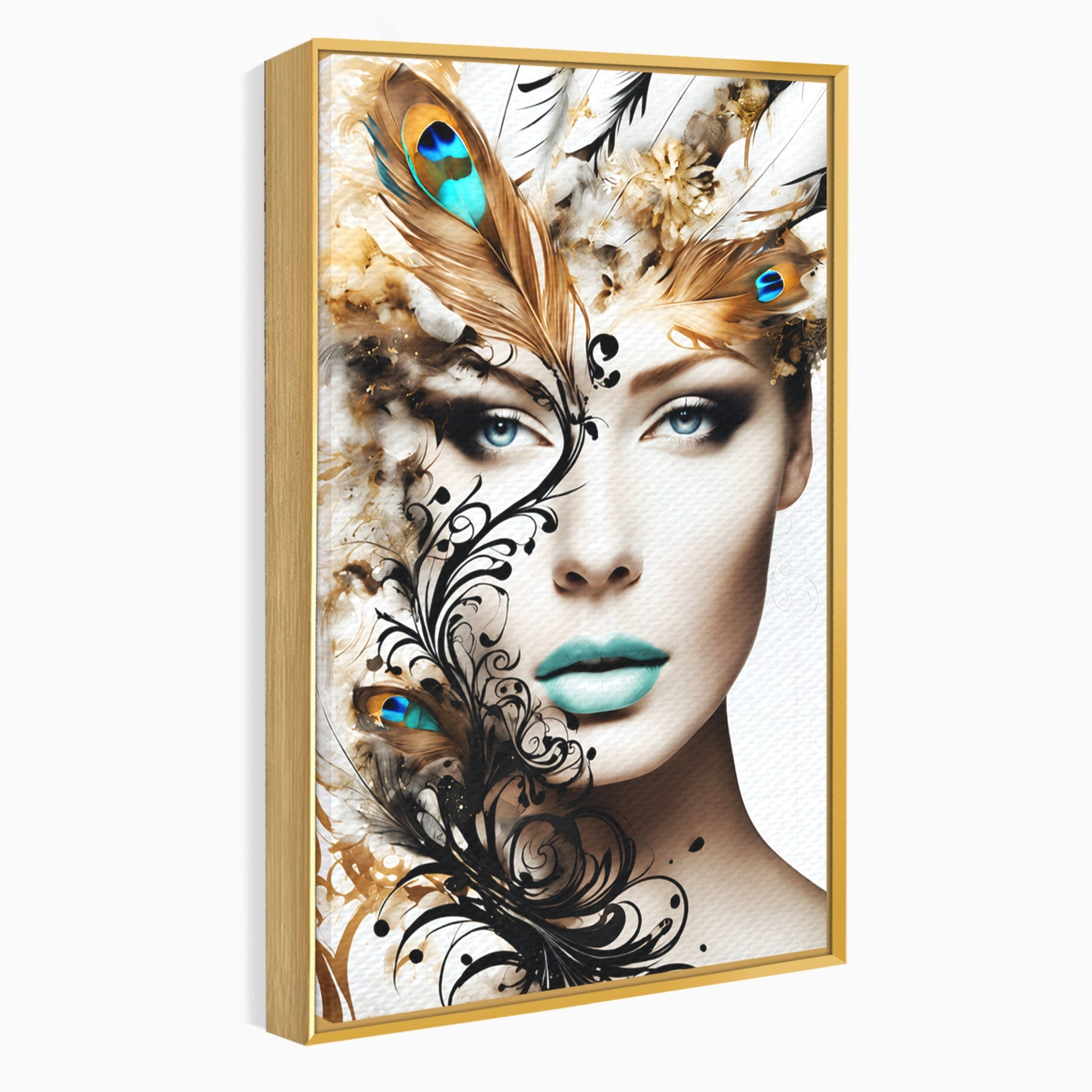 Tablou Canvas Premium LuxCanva® G1297, Femeie Cu Pene, Femeie, Portret, Arta Digitala, Pene, Dormitor, Eleganta, Culori Vibrante