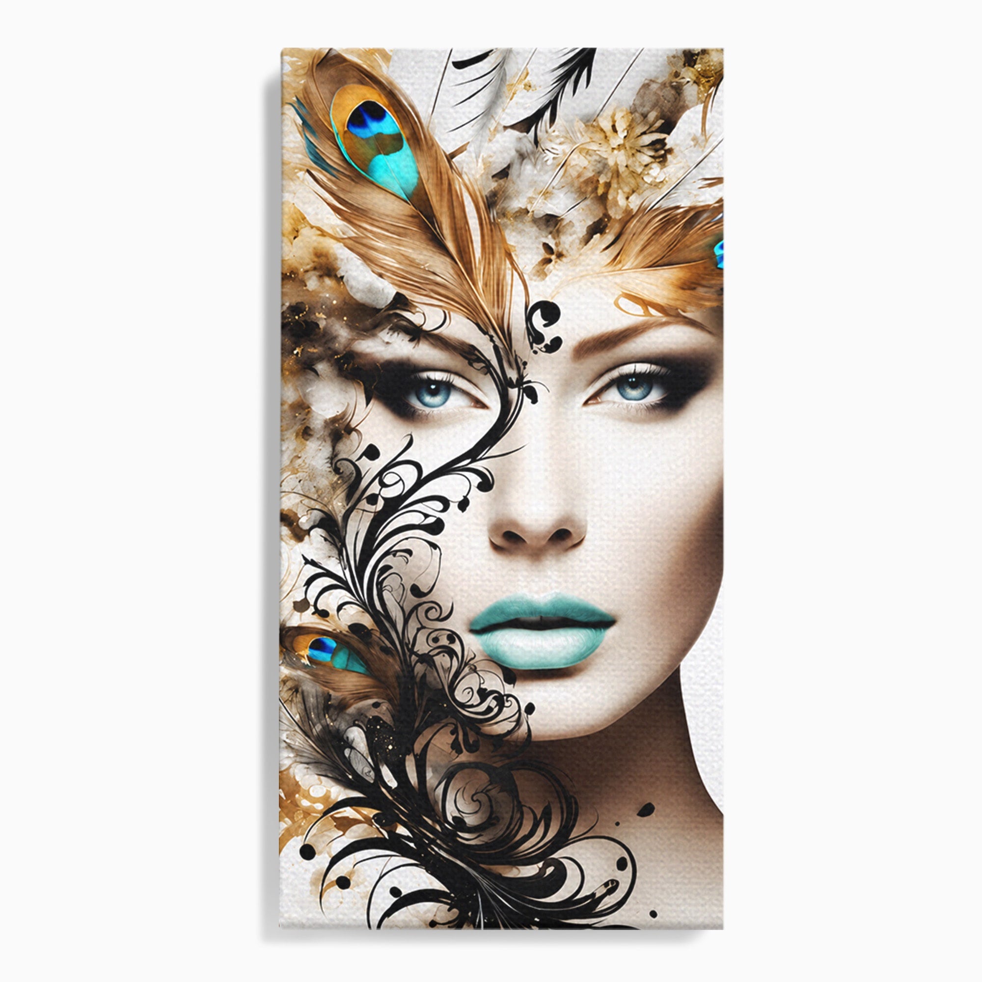 Tablou Canvas Premium LuxCanva® G1297, Femeie Cu Pene, Femeie, Portret, Arta Digitala, Pene, Dormitor, Eleganta, Culori Vibrante