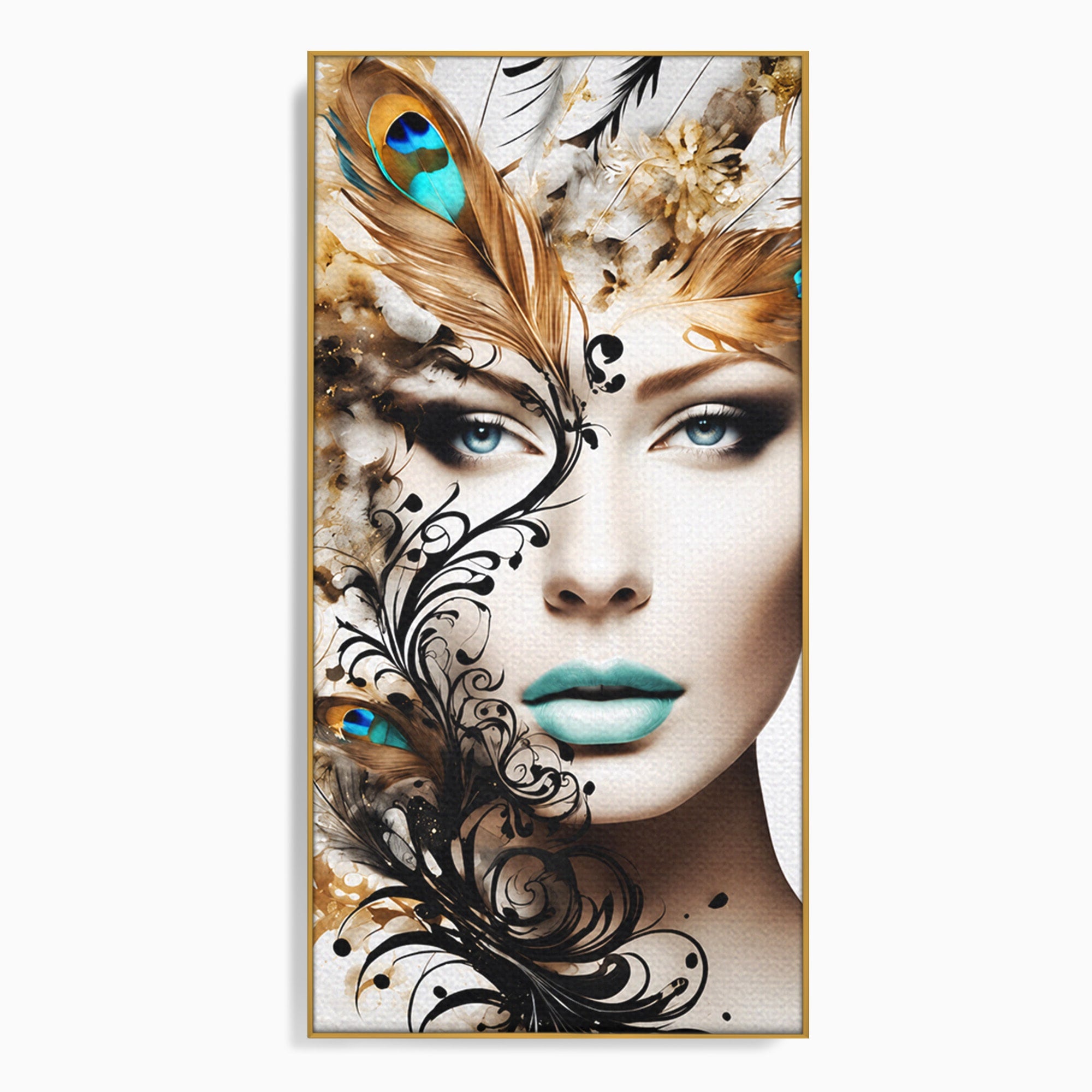 Tablou Canvas Premium LuxCanva® G1297, Femeie Cu Pene, Femeie, Portret, Arta Digitala, Pene, Dormitor, Eleganta, Culori Vibrante