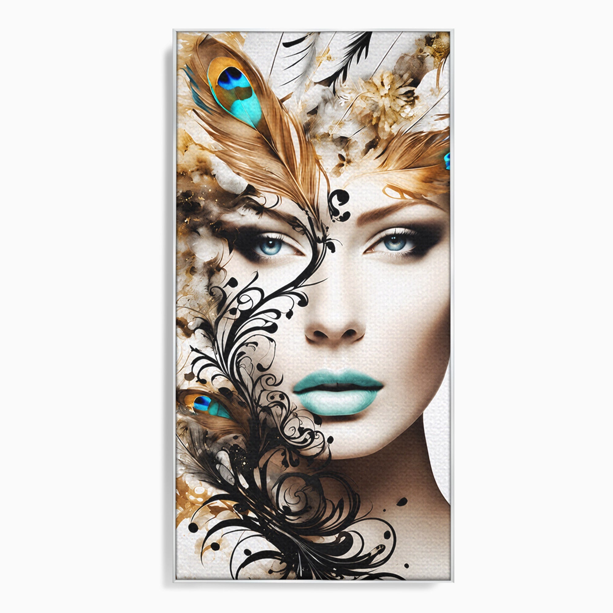 Tablou Canvas Premium LuxCanva® G1297, Femeie Cu Pene, Femeie, Portret, Arta Digitala, Pene, Dormitor, Eleganta, Culori Vibrante
