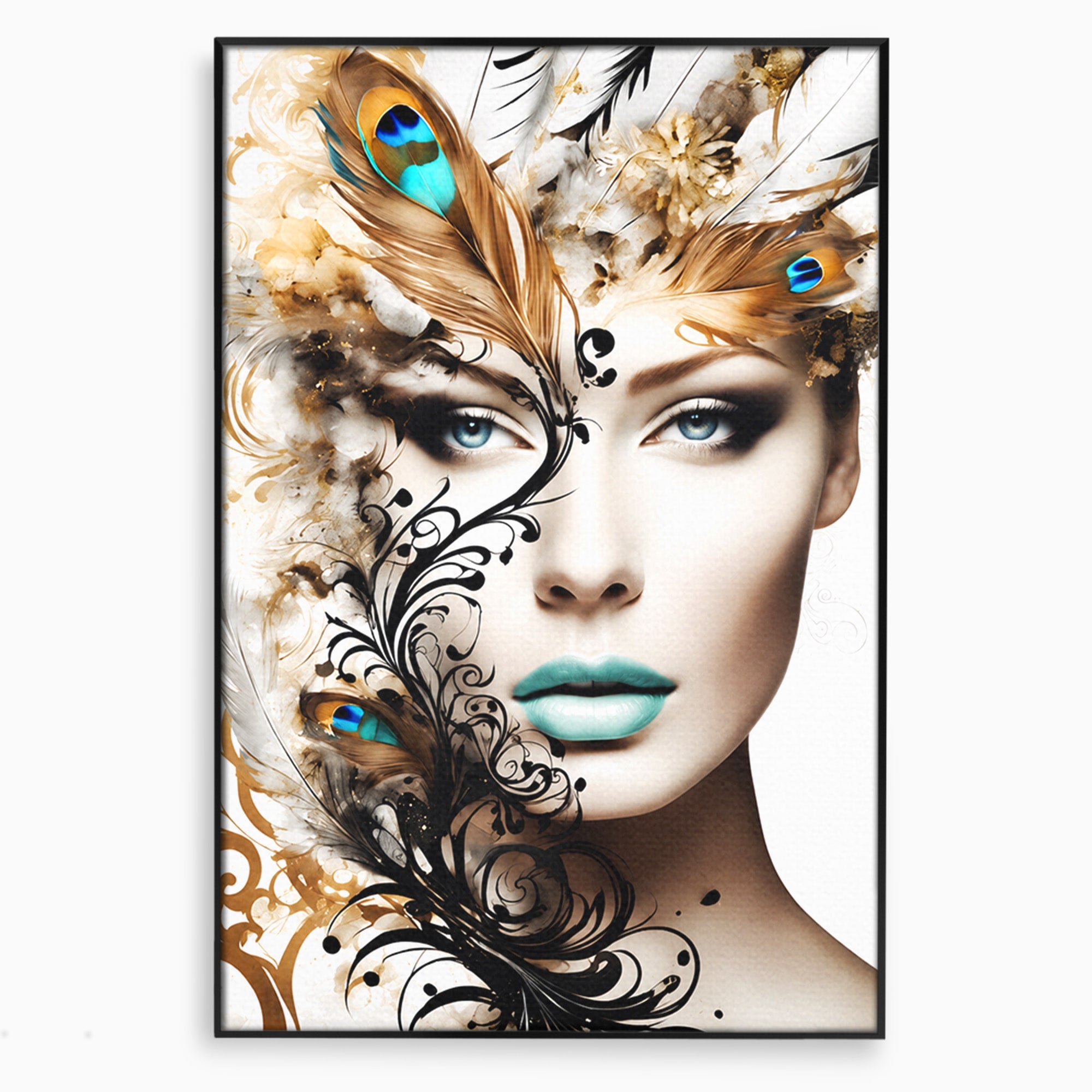 Tablou Canvas Premium LuxCanva® G1297, Femeie Cu Pene, Femeie, Portret, Arta Digitala, Pene, Dormitor, Eleganta, Culori Vibrante