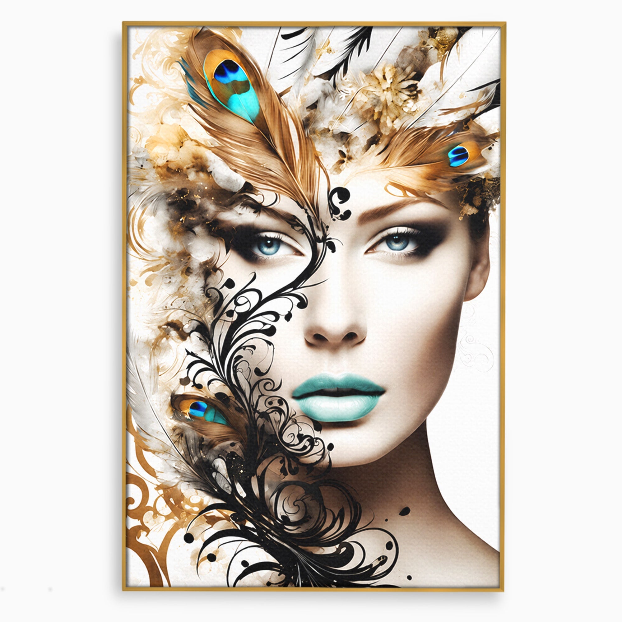Tablou Canvas Premium LuxCanva® G1297, Femeie Cu Pene, Femeie, Portret, Arta Digitala, Pene, Dormitor, Eleganta, Culori Vibrante