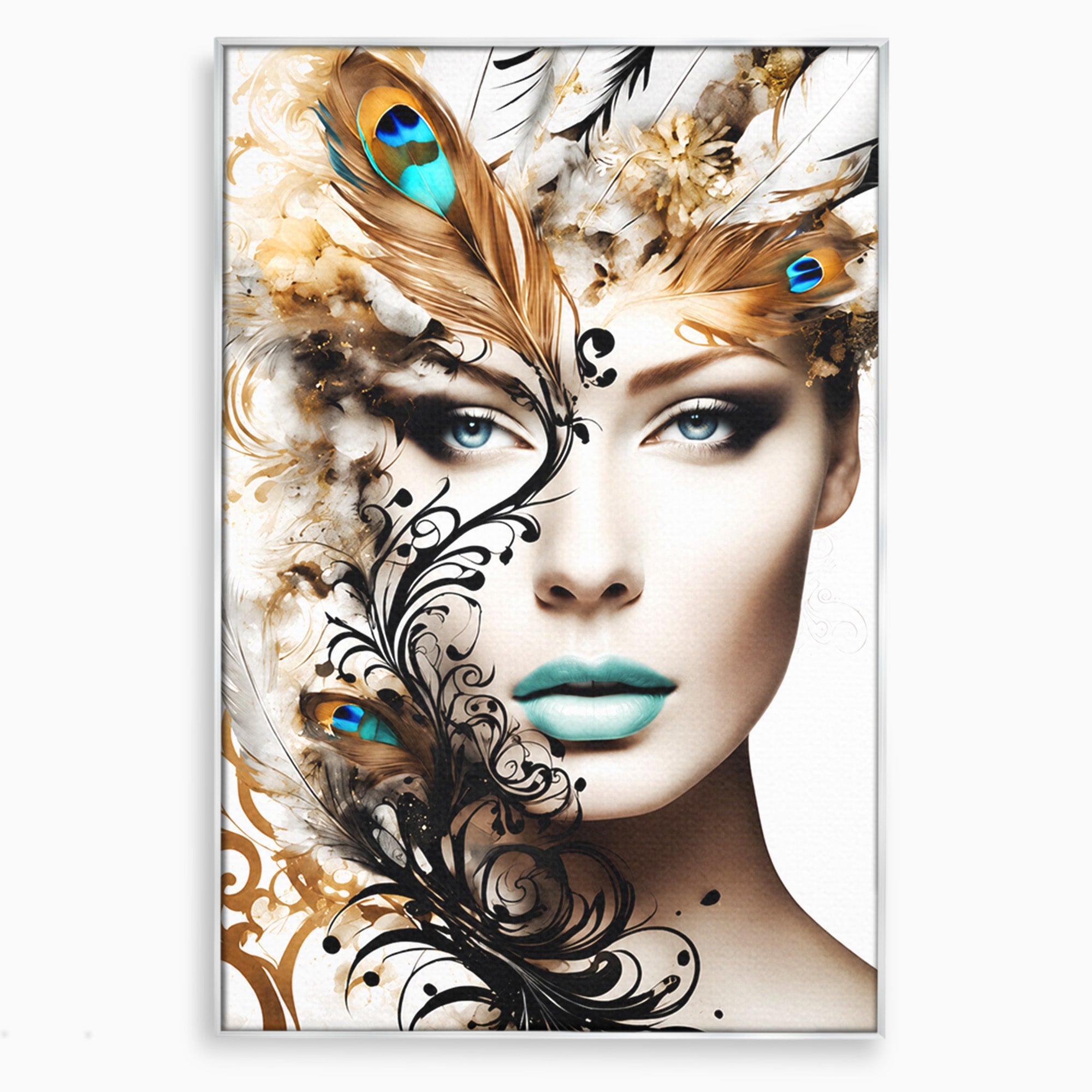 Tablou Canvas Premium LuxCanva® G1297, Femeie Cu Pene, Femeie, Portret, Arta Digitala, Pene, Dormitor, Eleganta, Culori Vibrante