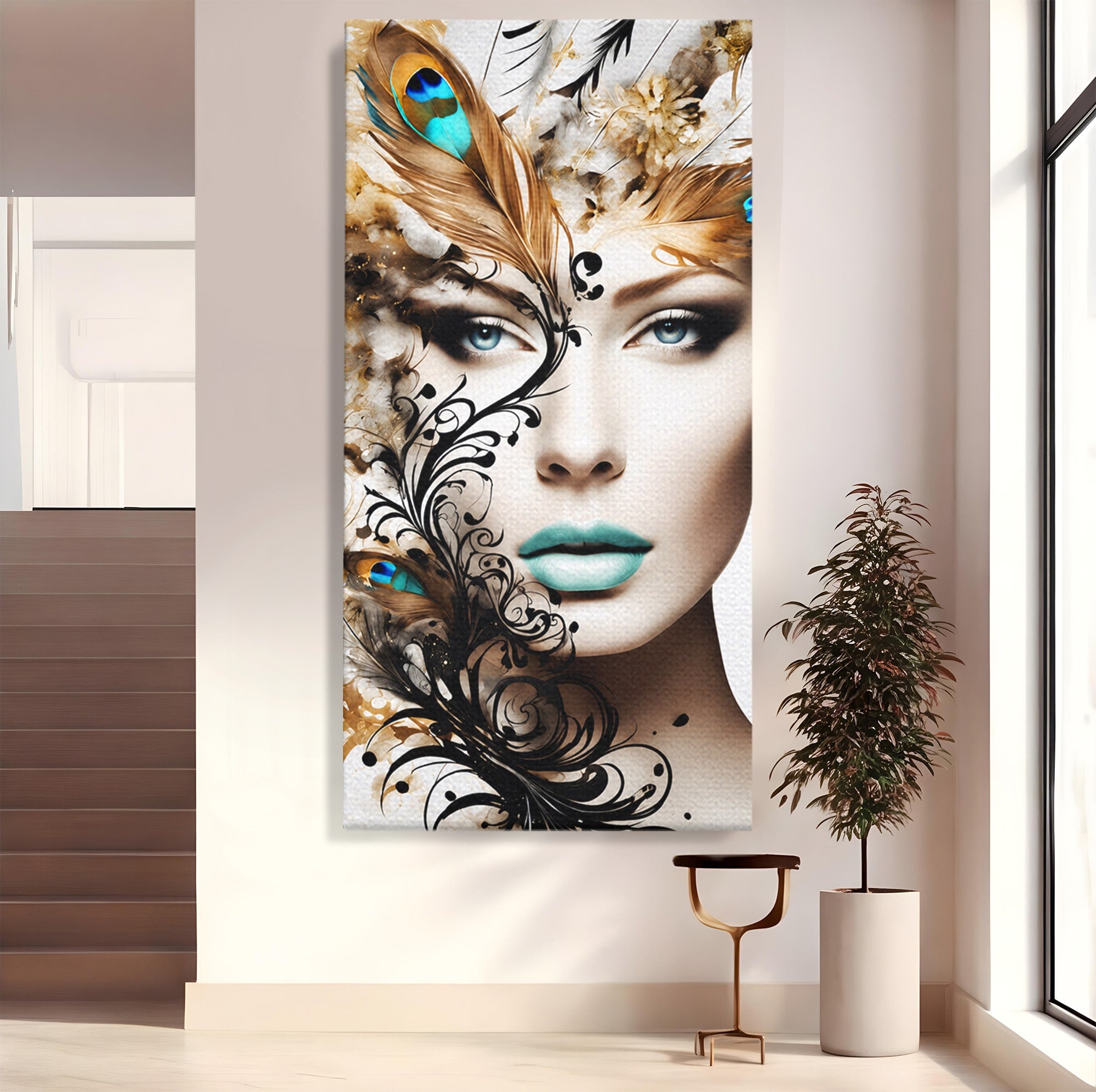Tablou Canvas Premium LuxCanva® G1297, Femeie Cu Pene, Femeie, Portret, Arta Digitala, Pene, Dormitor, Eleganta, Culori Vibrante