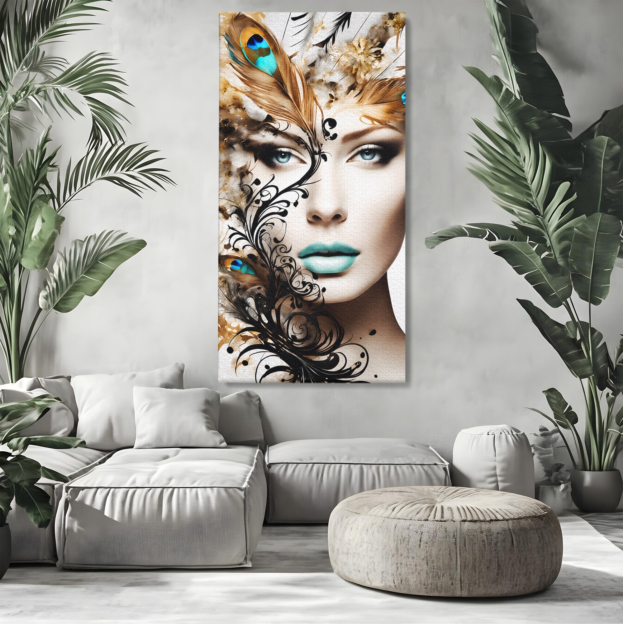 Tablou Canvas Premium LuxCanva® G1297, Femeie Cu Pene, Femeie, Portret, Arta Digitala, Pene, Dormitor, Eleganta, Culori Vibrante