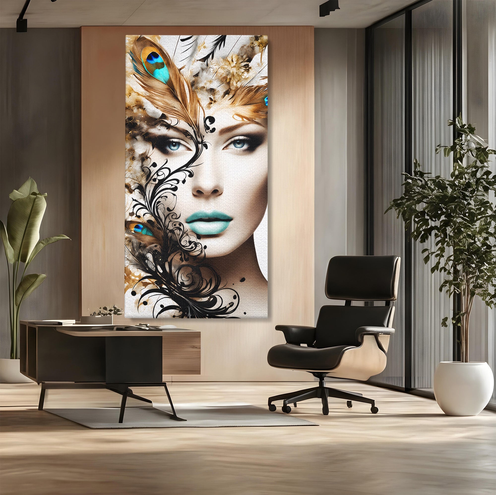 Tablou Canvas Premium LuxCanva® G1297, Femeie Cu Pene, Femeie, Portret, Arta Digitala, Pene, Dormitor, Eleganta, Culori Vibrante