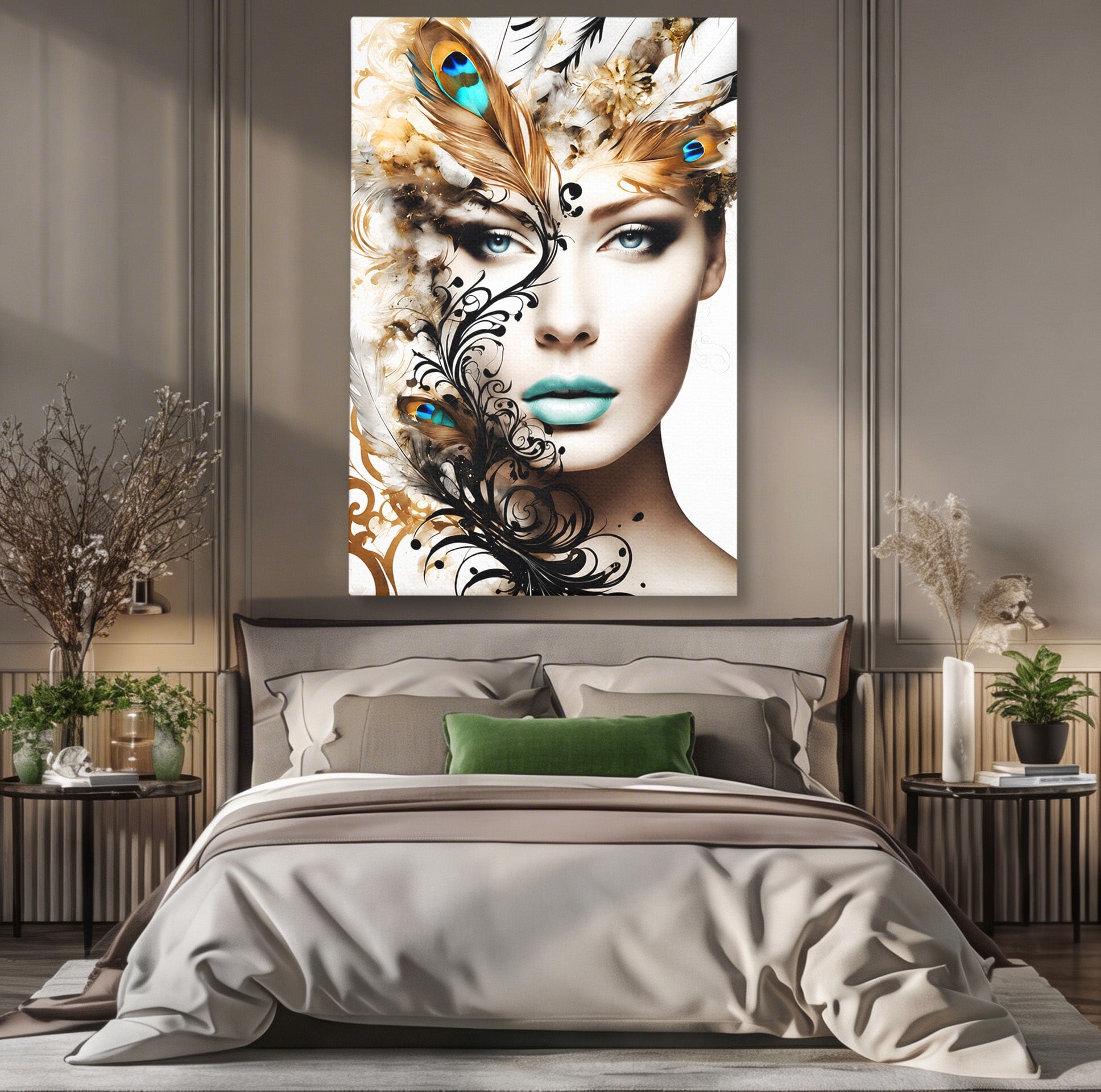 Tablou Canvas Premium LuxCanva® G1297, Femeie Cu Pene, Femeie, Portret, Arta Digitala, Pene, Dormitor, Eleganta, Culori Vibrante