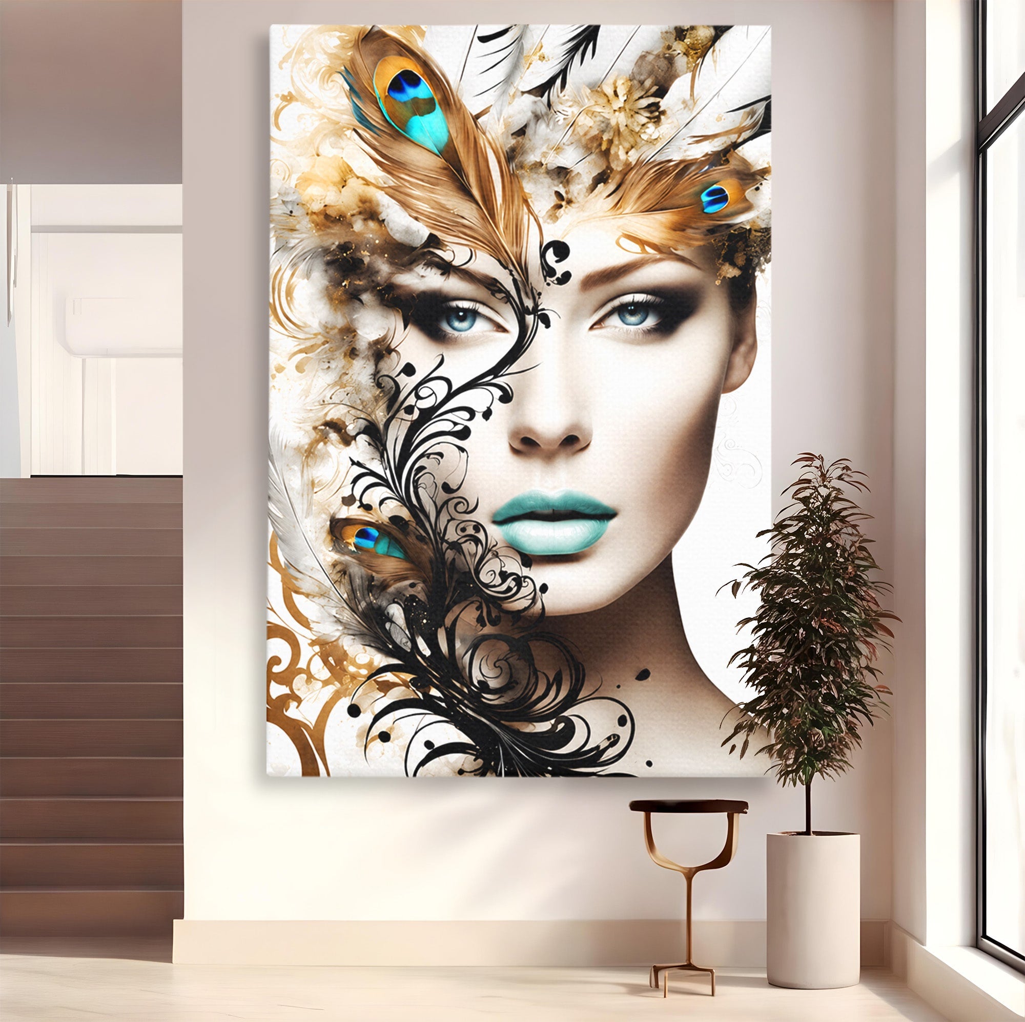 Tablou Canvas Premium LuxCanva® G1297, Femeie Cu Pene, Femeie, Portret, Arta Digitala, Pene, Dormitor, Eleganta, Culori Vibrante