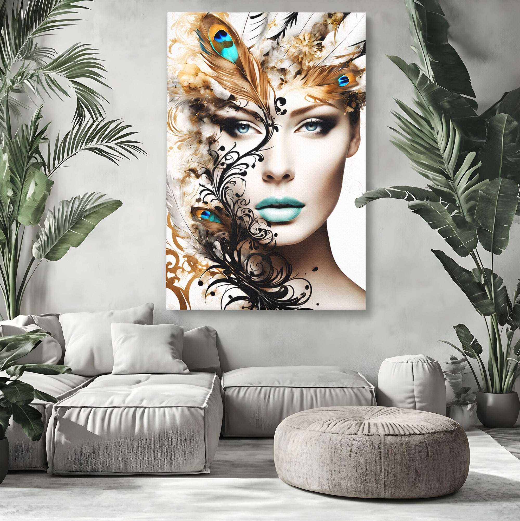 Tablou Canvas Premium LuxCanva® G1297, Femeie Cu Pene, Femeie, Portret, Arta Digitala, Pene, Dormitor, Eleganta, Culori Vibrante