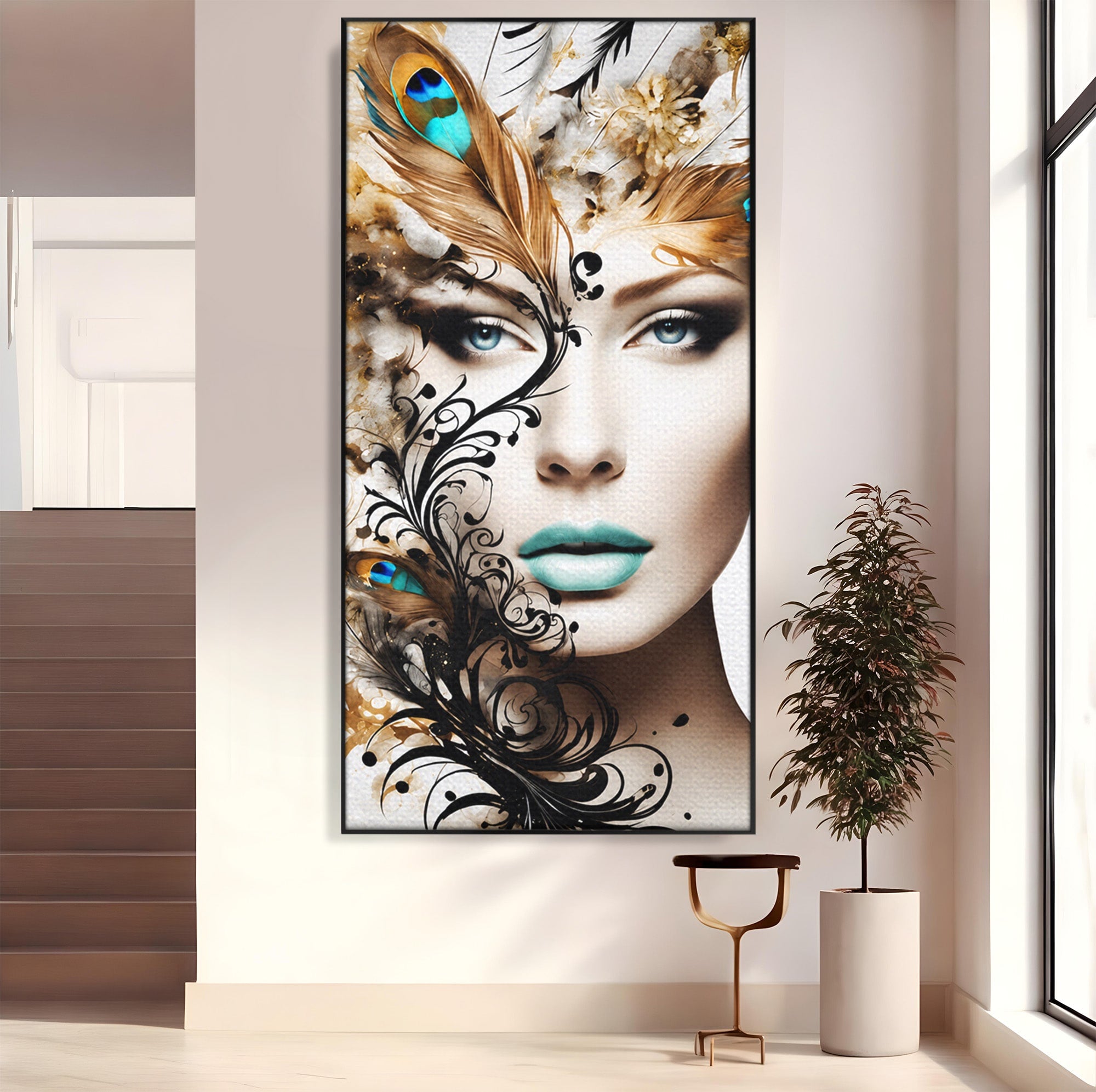 Tablou Canvas Premium LuxCanva® G1297, Femeie Cu Pene, Femeie, Portret, Arta Digitala, Pene, Dormitor, Eleganta, Culori Vibrante