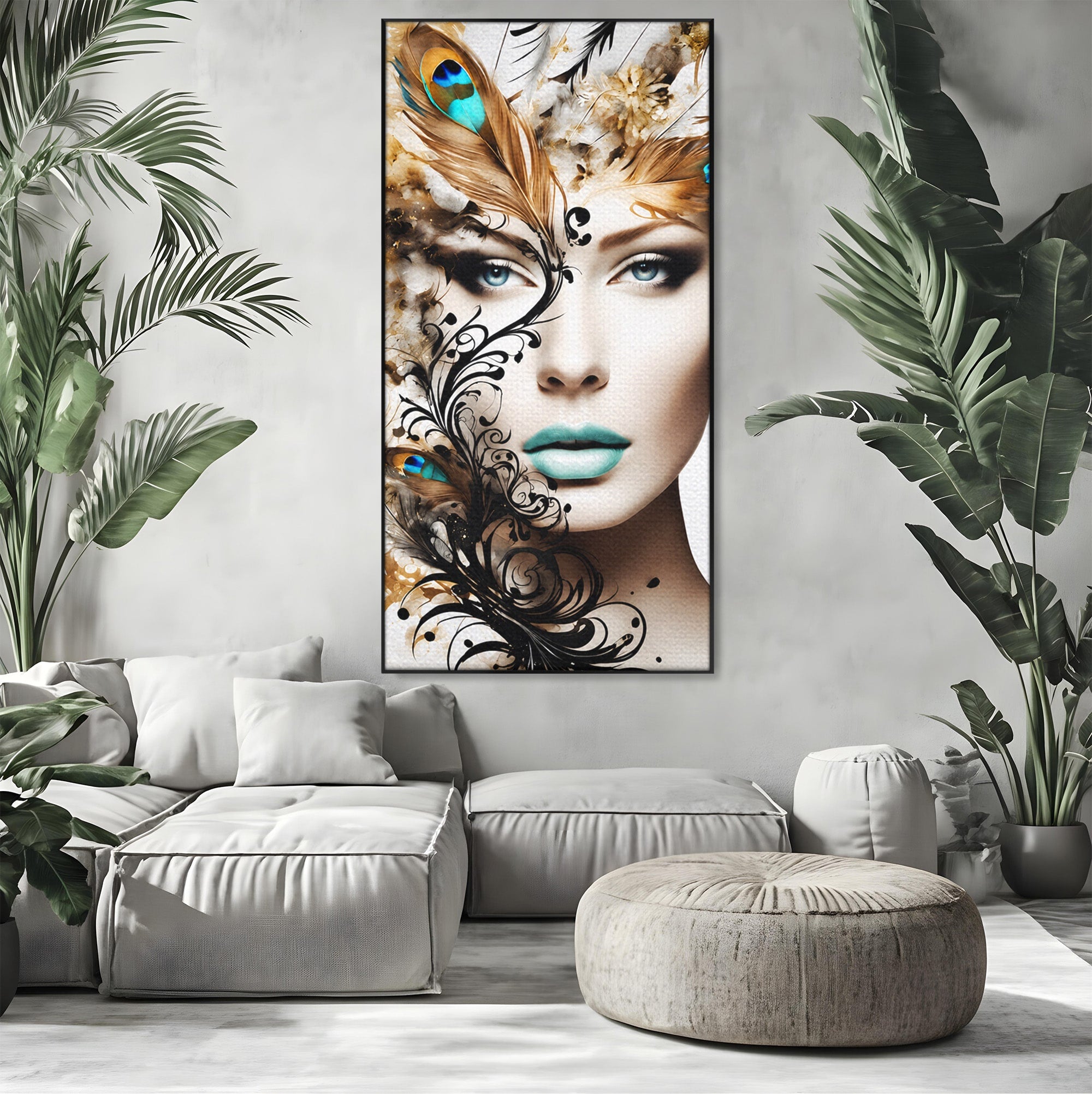 Tablou Canvas Premium LuxCanva® G1297, Femeie Cu Pene, Femeie, Portret, Arta Digitala, Pene, Dormitor, Eleganta, Culori Vibrante