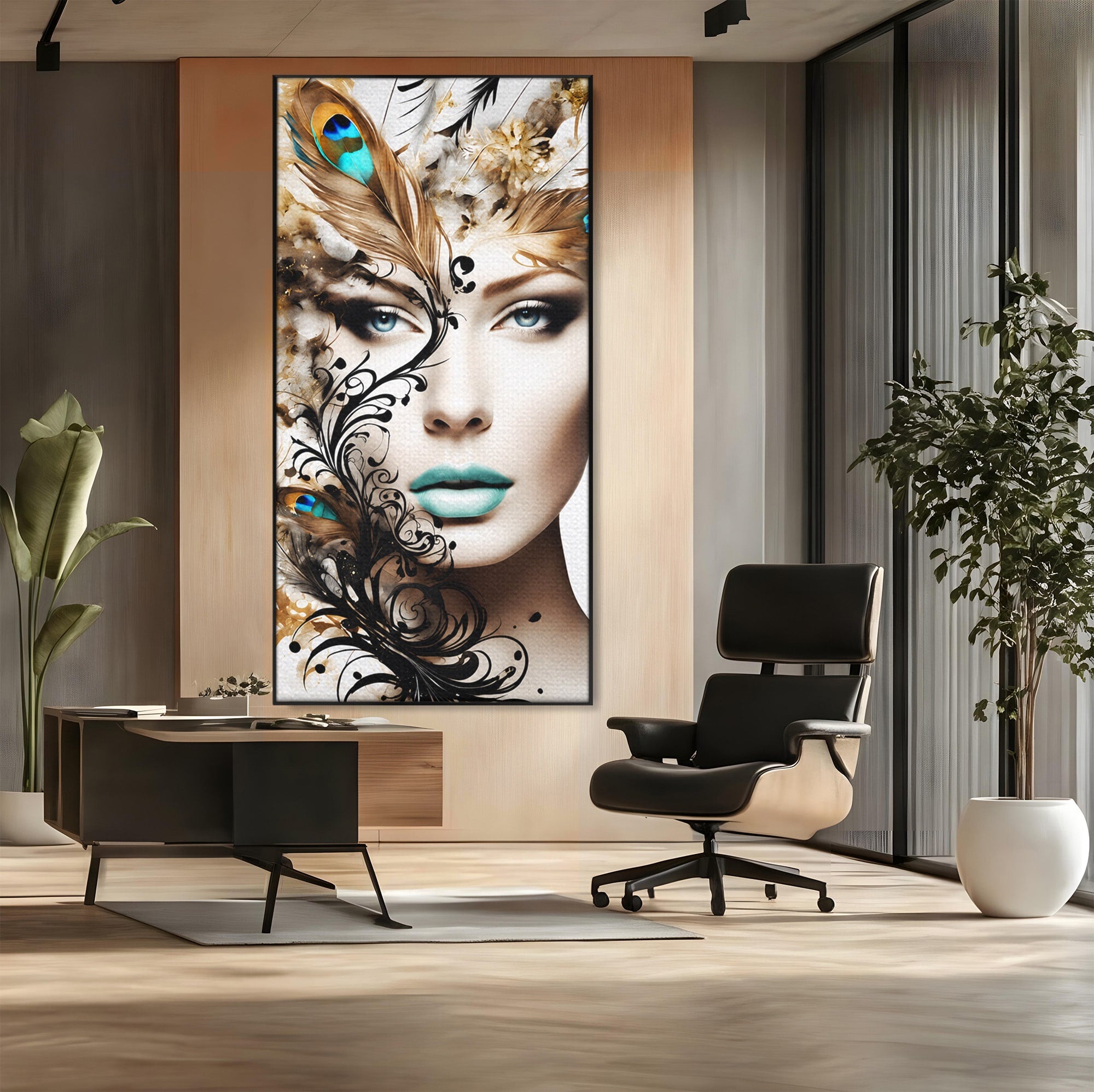 Tablou Canvas Premium LuxCanva® G1297, Femeie Cu Pene, Femeie, Portret, Arta Digitala, Pene, Dormitor, Eleganta, Culori Vibrante