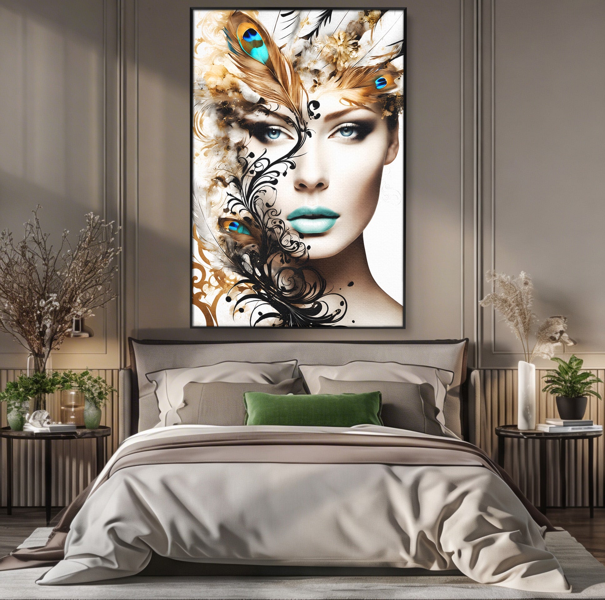 Tablou Canvas Premium LuxCanva® G1297, Femeie Cu Pene, Femeie, Portret, Arta Digitala, Pene, Dormitor, Eleganta, Culori Vibrante