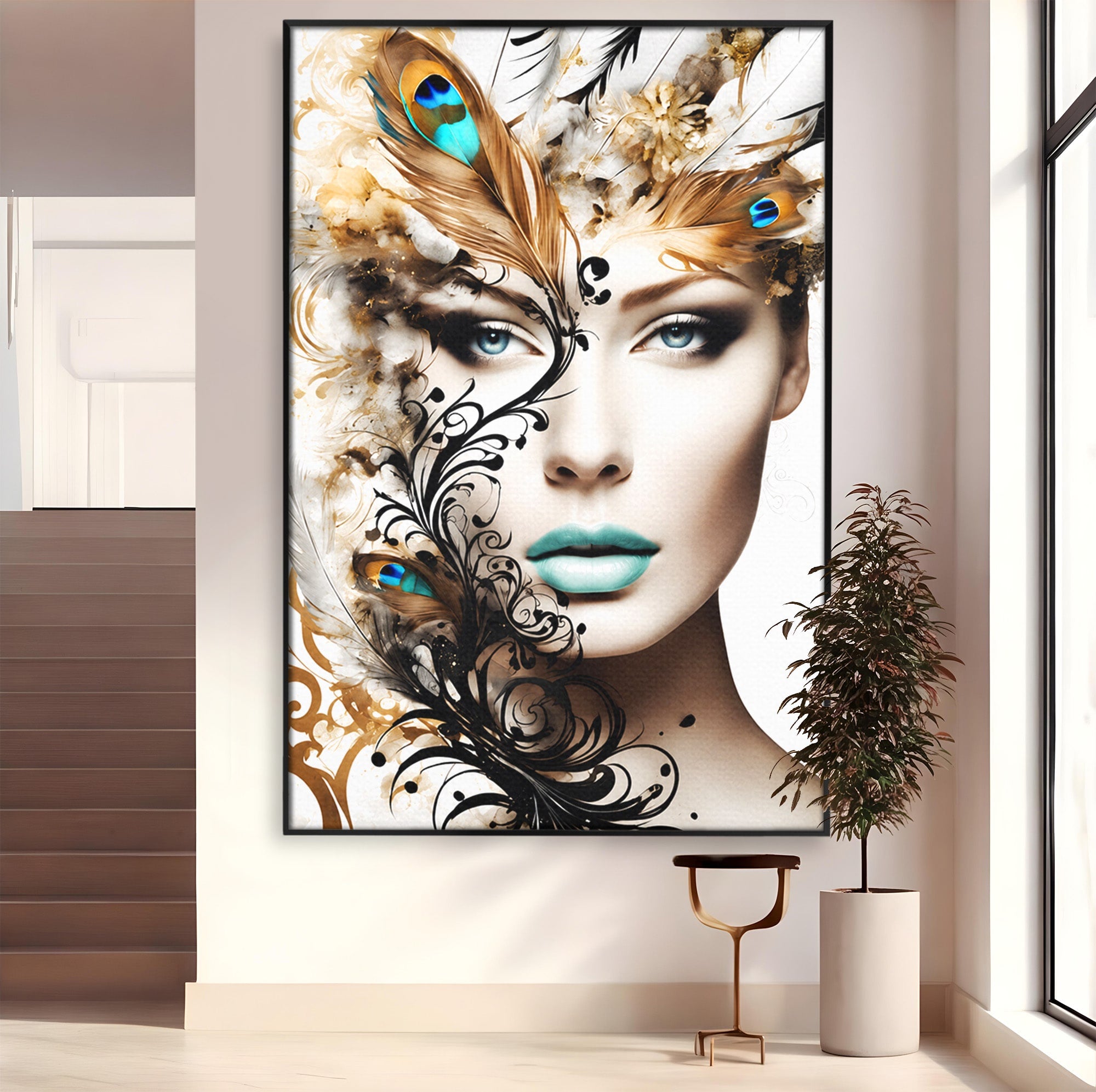 Tablou Canvas Premium LuxCanva® G1297, Femeie Cu Pene, Femeie, Portret, Arta Digitala, Pene, Dormitor, Eleganta, Culori Vibrante