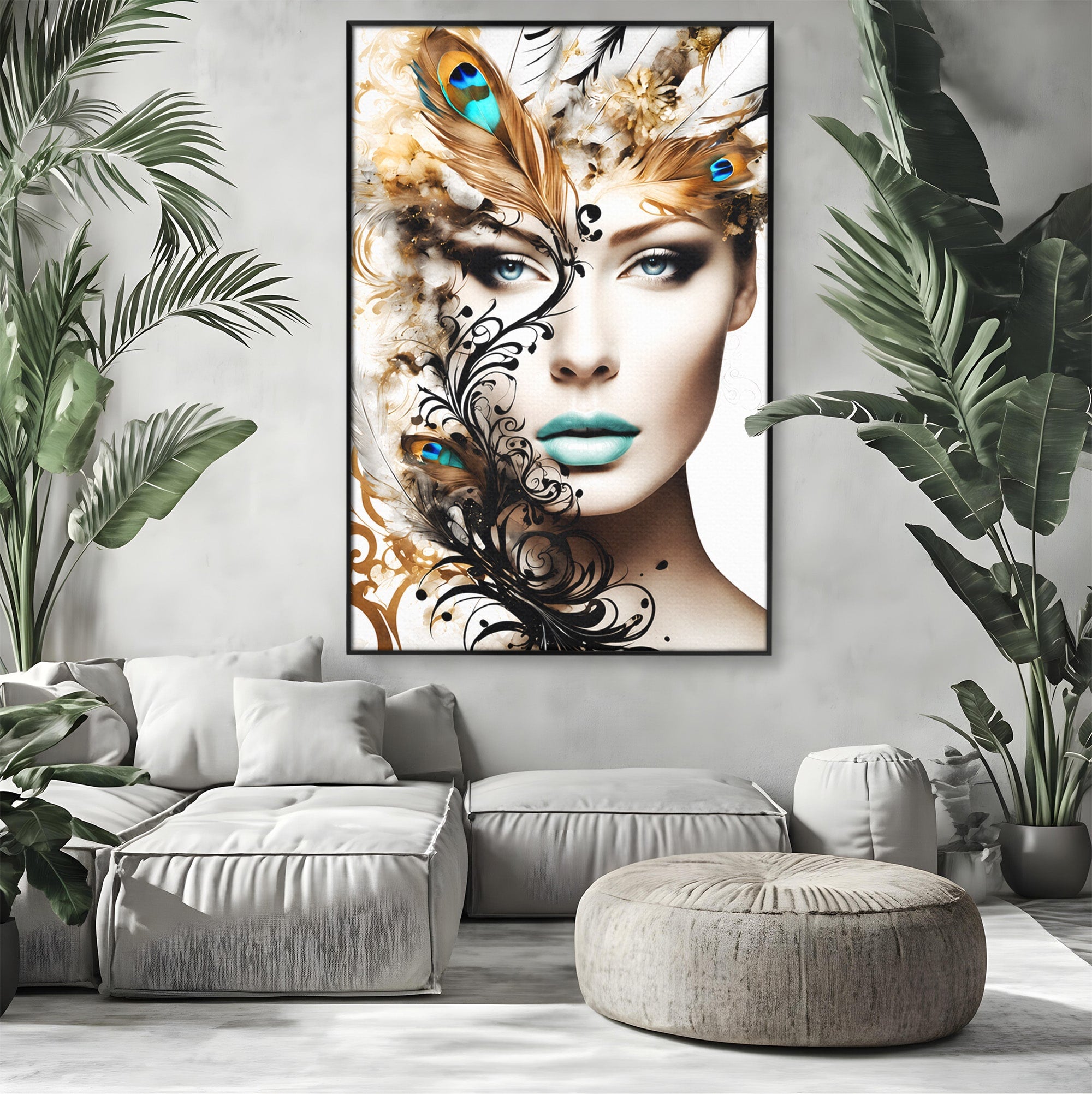 Tablou Canvas Premium LuxCanva® G1297, Femeie Cu Pene, Femeie, Portret, Arta Digitala, Pene, Dormitor, Eleganta, Culori Vibrante