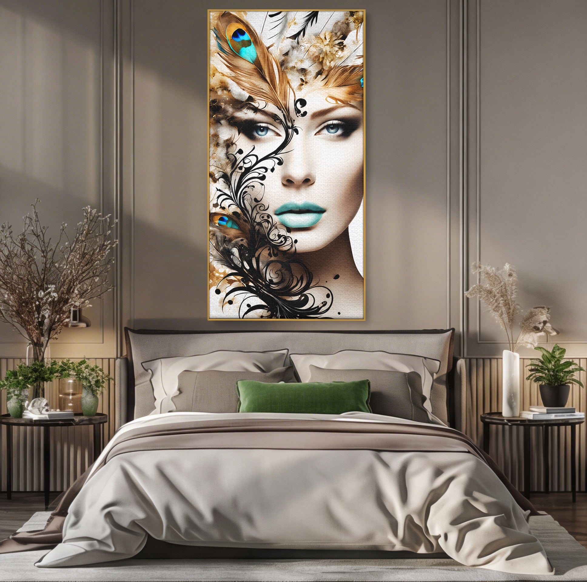 Tablou Canvas Premium LuxCanva® G1297, Femeie Cu Pene, Femeie, Portret, Arta Digitala, Pene, Dormitor, Eleganta, Culori Vibrante
