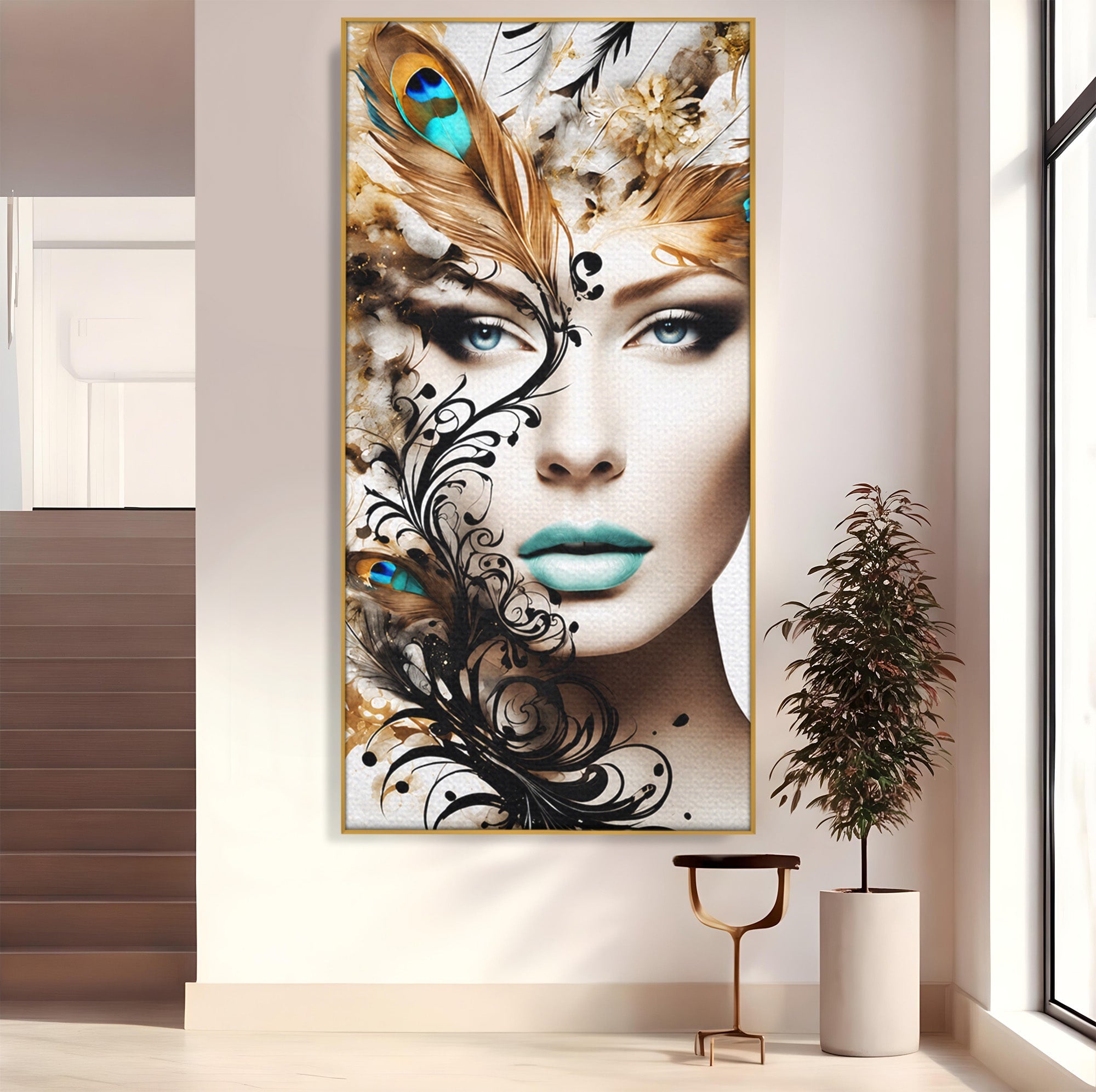 Tablou Canvas Premium LuxCanva® G1297, Femeie Cu Pene, Femeie, Portret, Arta Digitala, Pene, Dormitor, Eleganta, Culori Vibrante