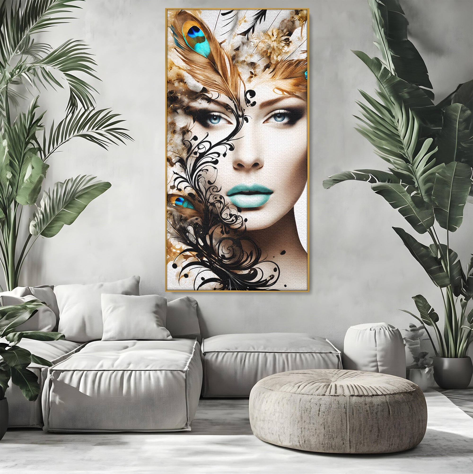Tablou Canvas Premium LuxCanva® G1297, Femeie Cu Pene, Femeie, Portret, Arta Digitala, Pene, Dormitor, Eleganta, Culori Vibrante