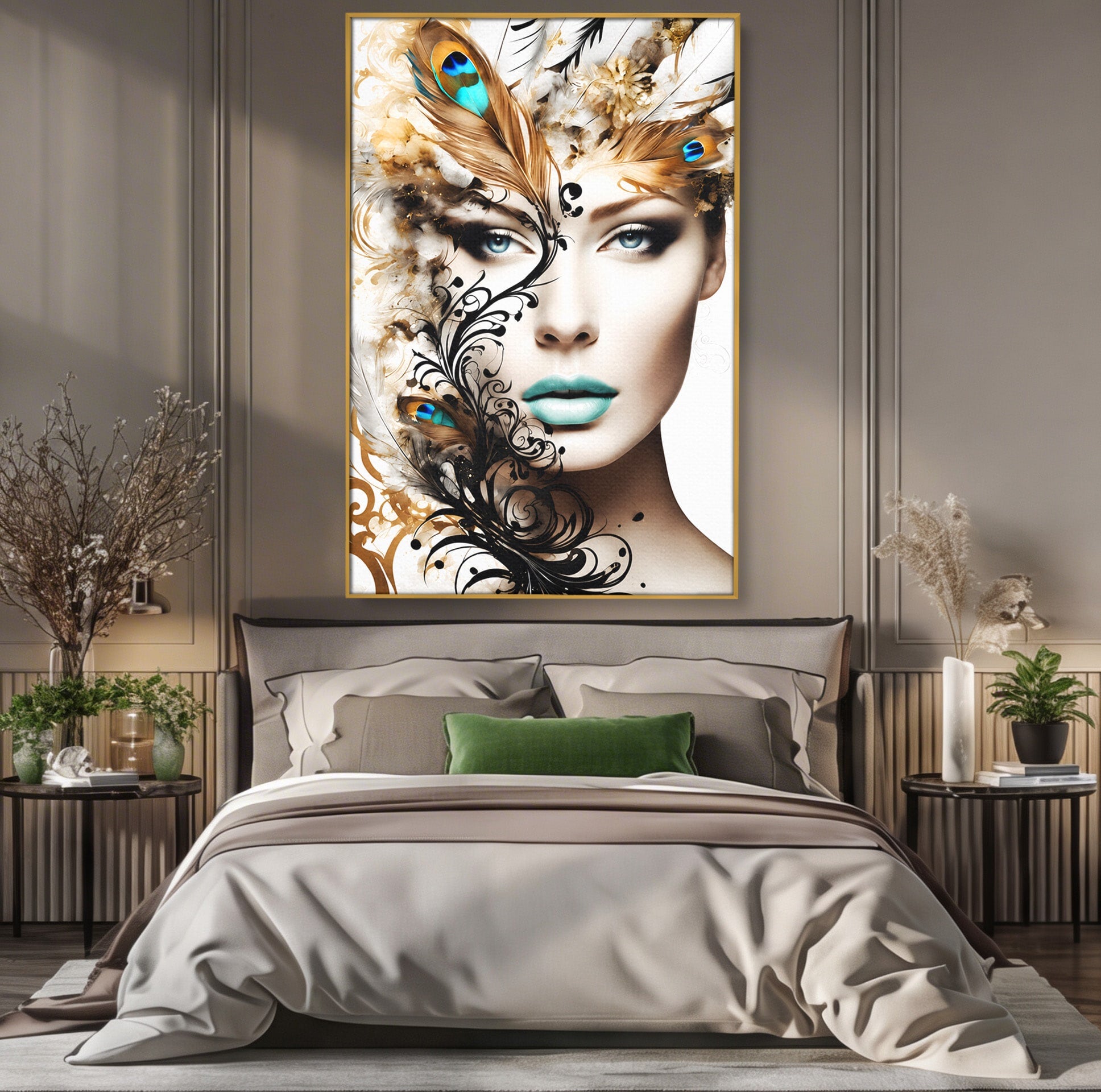 Tablou Canvas Premium LuxCanva® G1297, Femeie Cu Pene, Femeie, Portret, Arta Digitala, Pene, Dormitor, Eleganta, Culori Vibrante