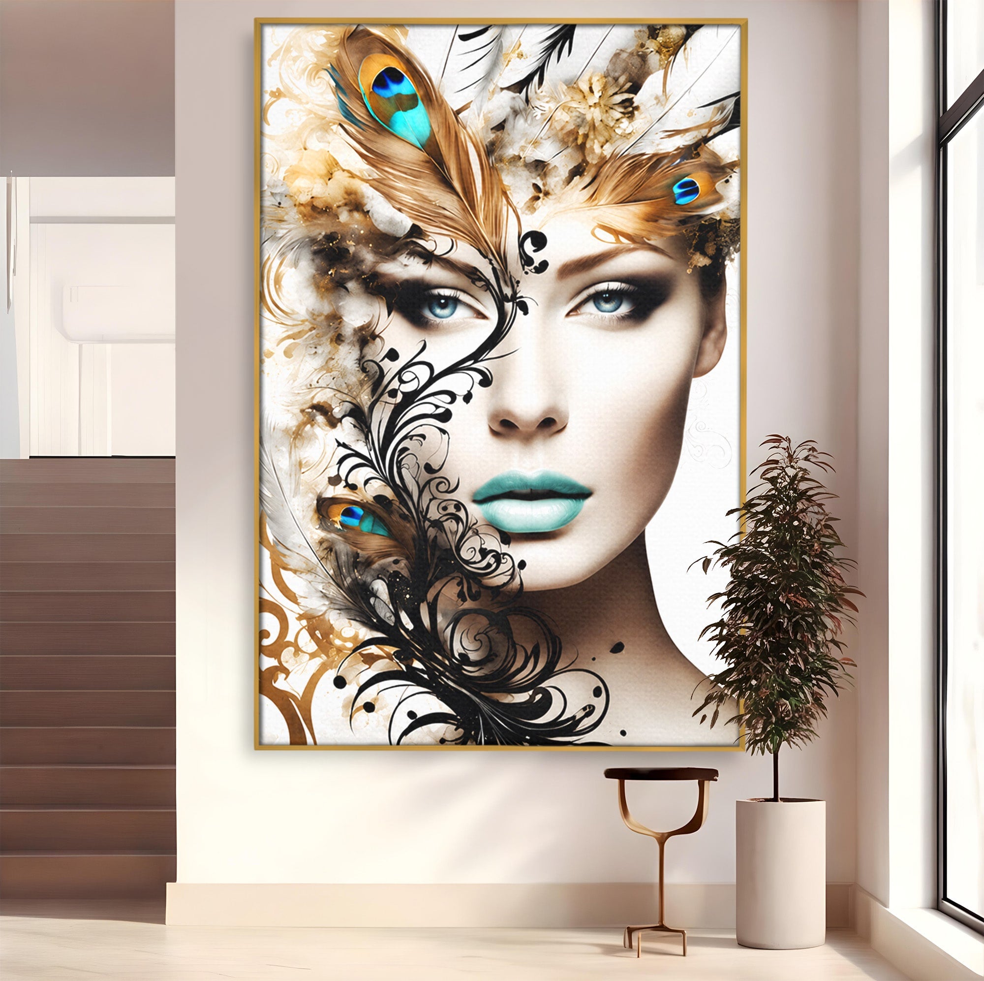 Tablou Canvas Premium LuxCanva® G1297, Femeie Cu Pene, Femeie, Portret, Arta Digitala, Pene, Dormitor, Eleganta, Culori Vibrante