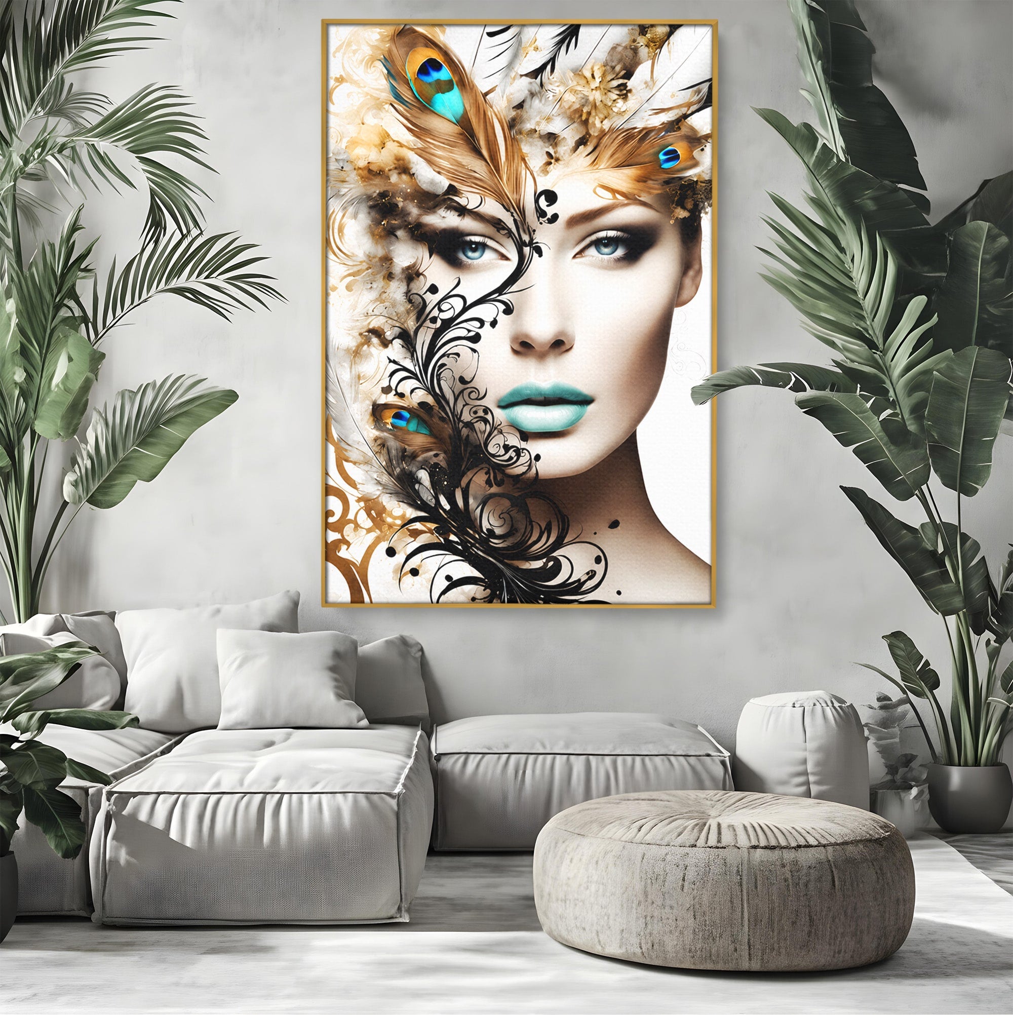 Tablou Canvas Premium LuxCanva® G1297, Femeie Cu Pene, Femeie, Portret, Arta Digitala, Pene, Dormitor, Eleganta, Culori Vibrante