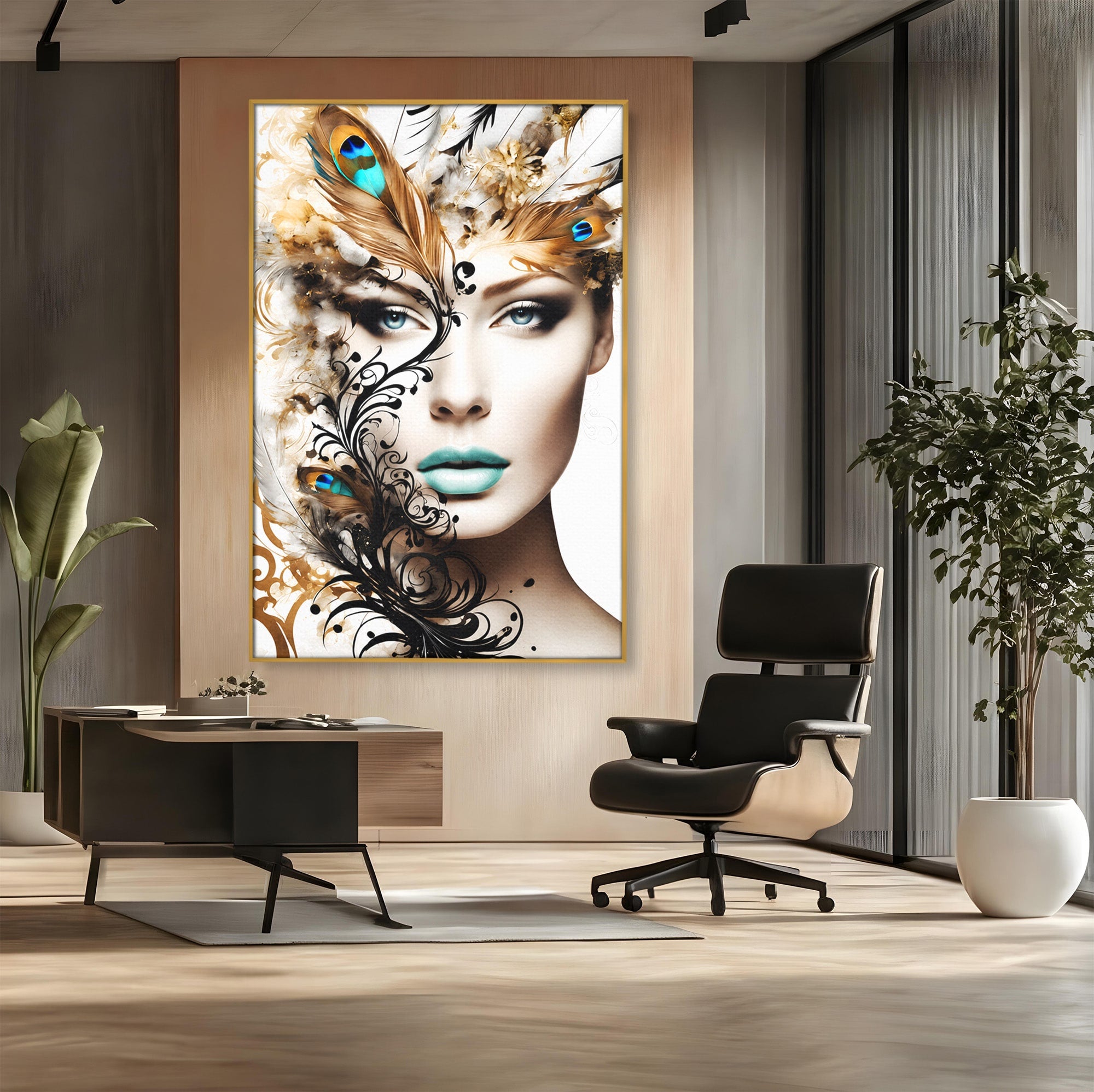 Tablou Canvas Premium LuxCanva® G1297, Femeie Cu Pene, Femeie, Portret, Arta Digitala, Pene, Dormitor, Eleganta, Culori Vibrante