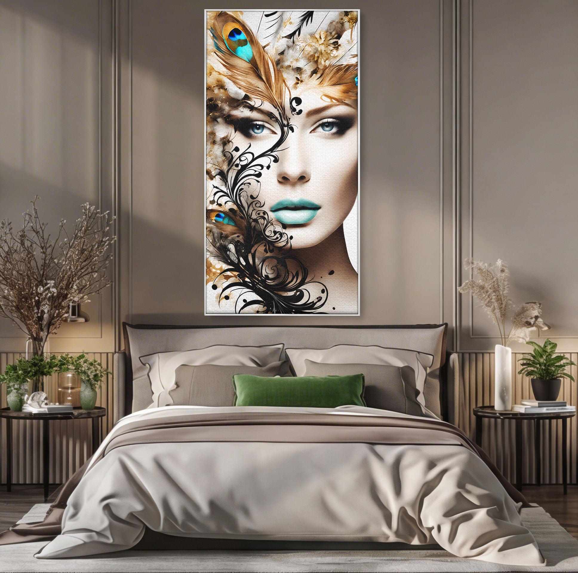Tablou Canvas Premium LuxCanva® G1297, Femeie Cu Pene, Femeie, Portret, Arta Digitala, Pene, Dormitor, Eleganta, Culori Vibrante